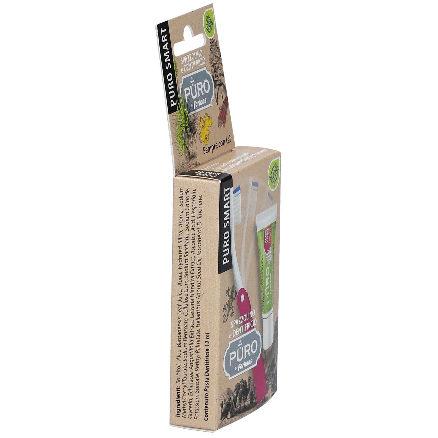 Confezione in cartone con spazzolino e dentifricio. Spazzolino rosa, tubetto verde. Scritta: Puro by Forhans. Ingredienti.
