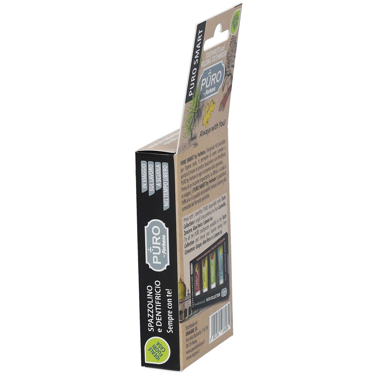 Confezione in cartone con spazzolino e dentifricio. Scritta: Puro Smart by Forhans. Testo sul prodotto e sui gusti.