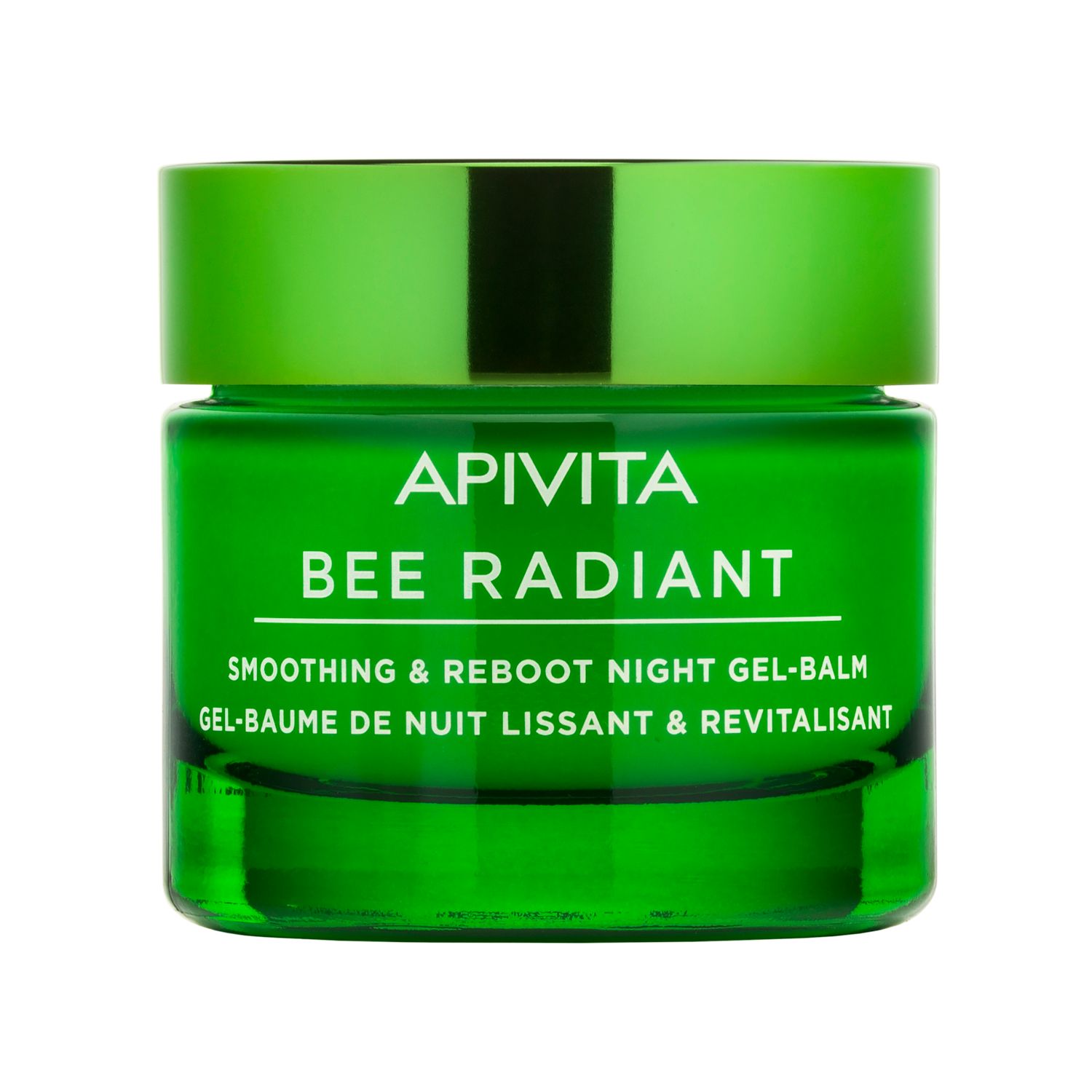 Vasetto verde con scritta bianca: APIVITA BEE RADIANT. Gel-balsamo notte. Coperchio verde. Scritta: Smoothing & Reboot Night Gel-Balm.