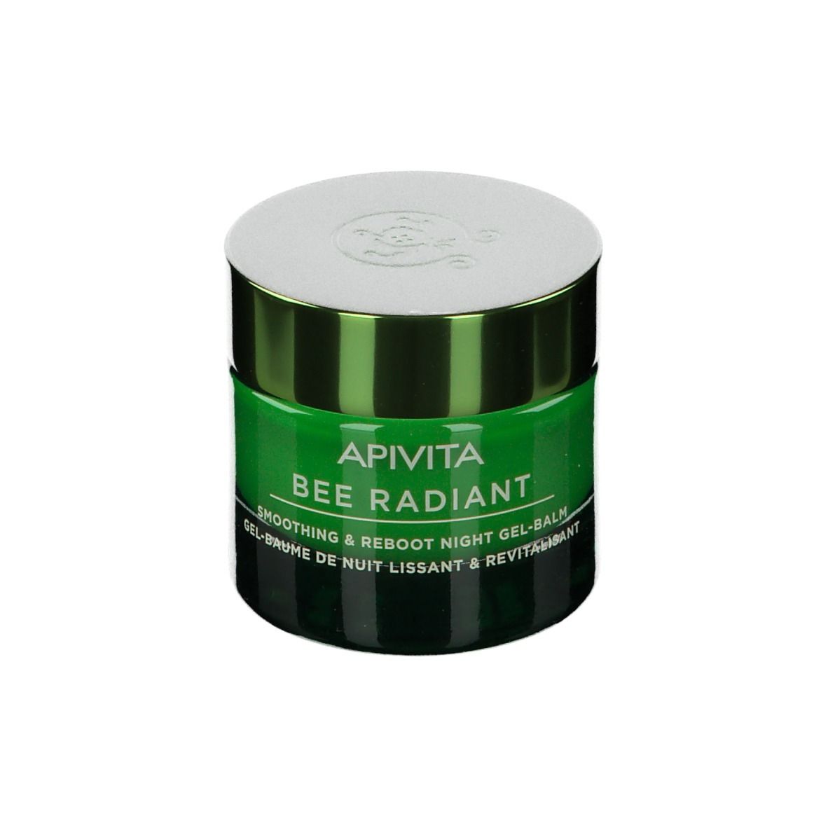 Vasetto verde con scritta bianca: APIVITA BEE RADIANT. Gel-balsamo notte. Coperchio bianco. Scritta: Smoothing & Reboot Night Gel-Balm.