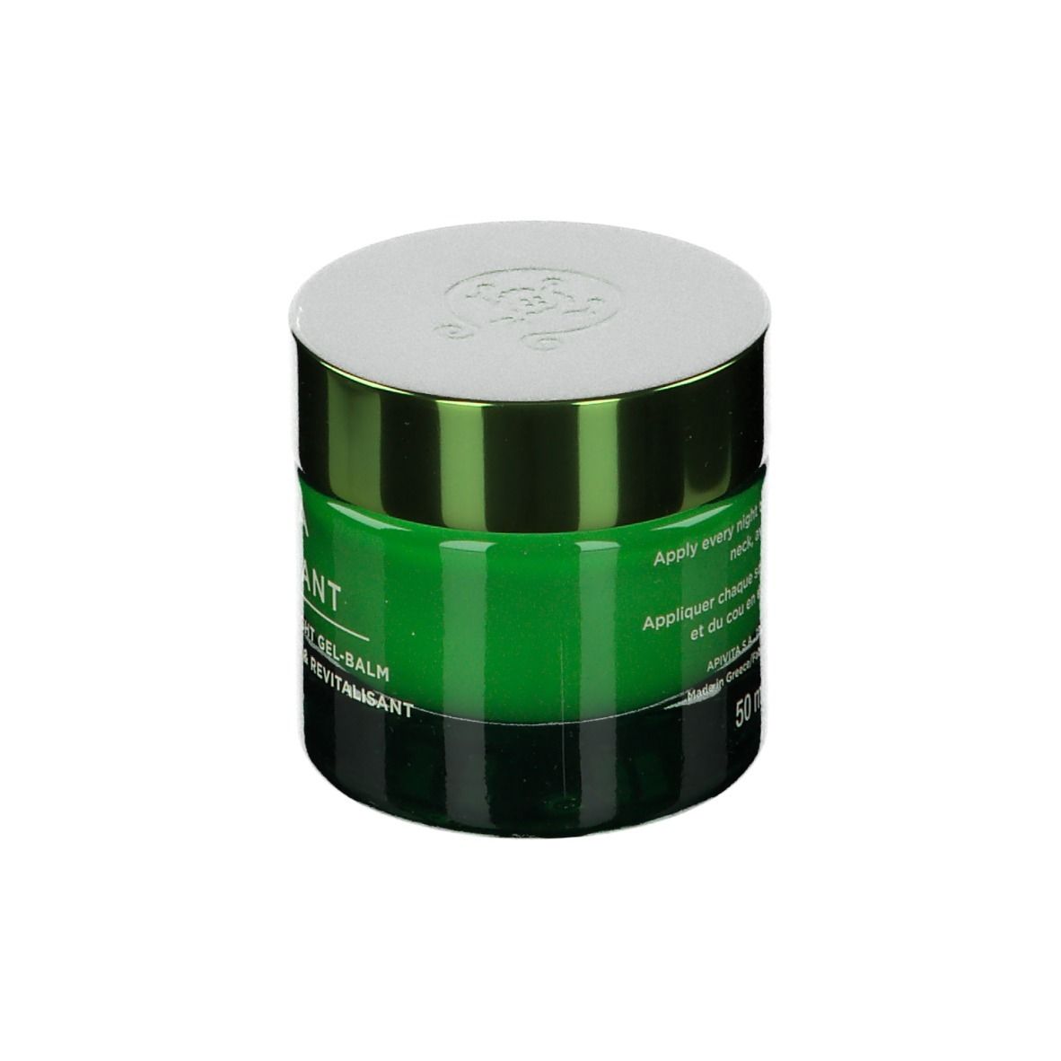 Vasetto verde con scritta bianca: APIVITA BEE RADIANT. Gel-balsamo notte. Coperchio bianco. Scritta: Smoothing & Reboot Night Gel-Balm.