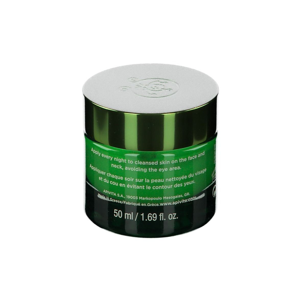 Vasetto verde con scritta bianca: APIVITA BEE RADIANT. Gel-balsamo notte. Coperchio bianco. Scritta: Smoothing & Reboot Night Gel-Balm.