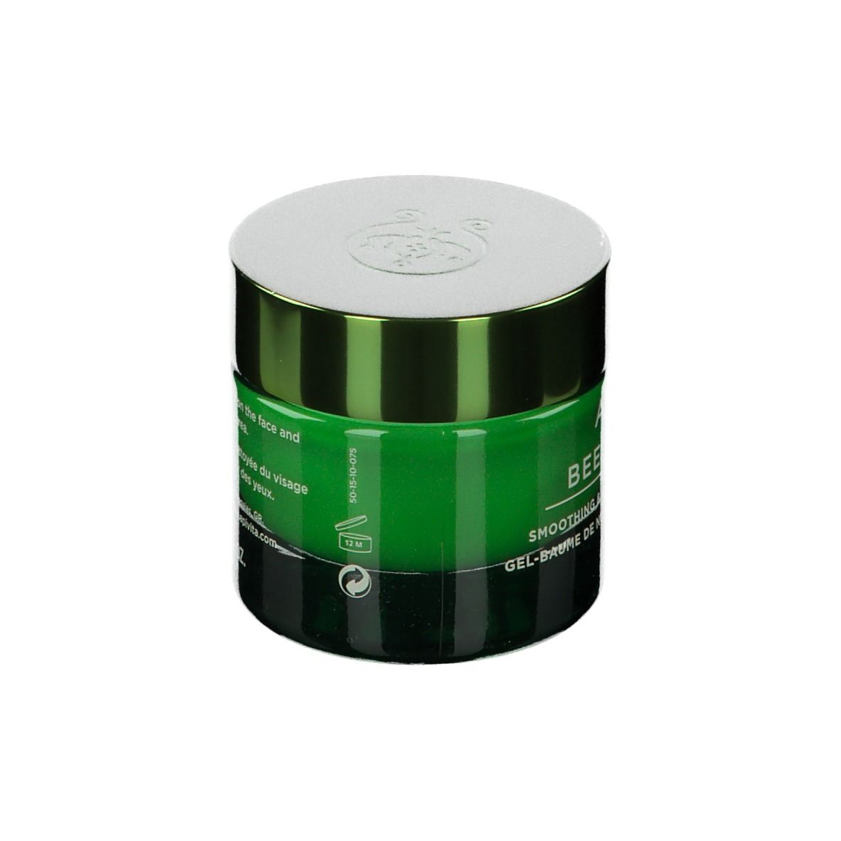 Vasetto verde con scritta bianca: APIVITA BEE RADIANT. Gel-balsamo notte. Coperchio bianco. Scritta: Smoothing & Reboot Night Gel-Balm.