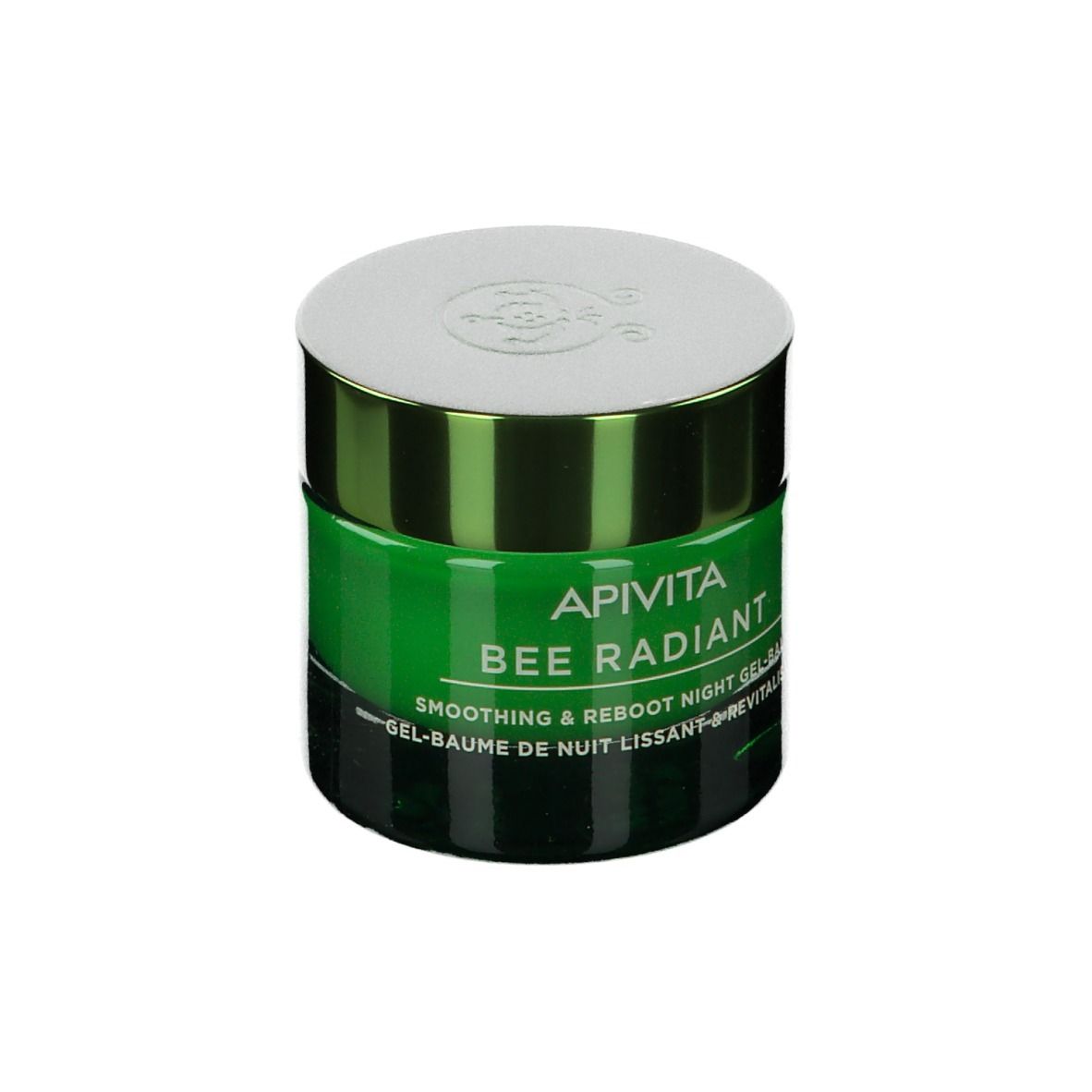 Vasetto verde con scritta bianca: APIVITA BEE RADIANT. Gel-balsamo notte. Coperchio bianco. Scritta: Smoothing & Reboot Night Gel-Balm.