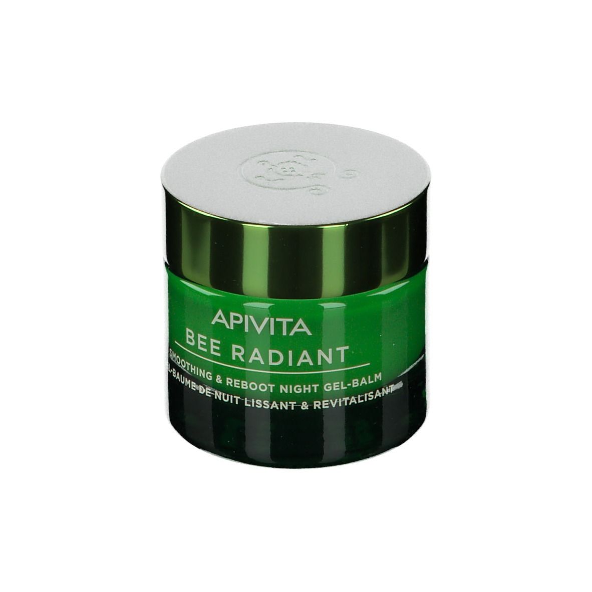 Vasetto verde con scritta bianca: APIVITA BEE RADIANT. Gel-balsamo notte. Coperchio bianco. Scritta: Smoothing & Reboot Night Gel-Balm.