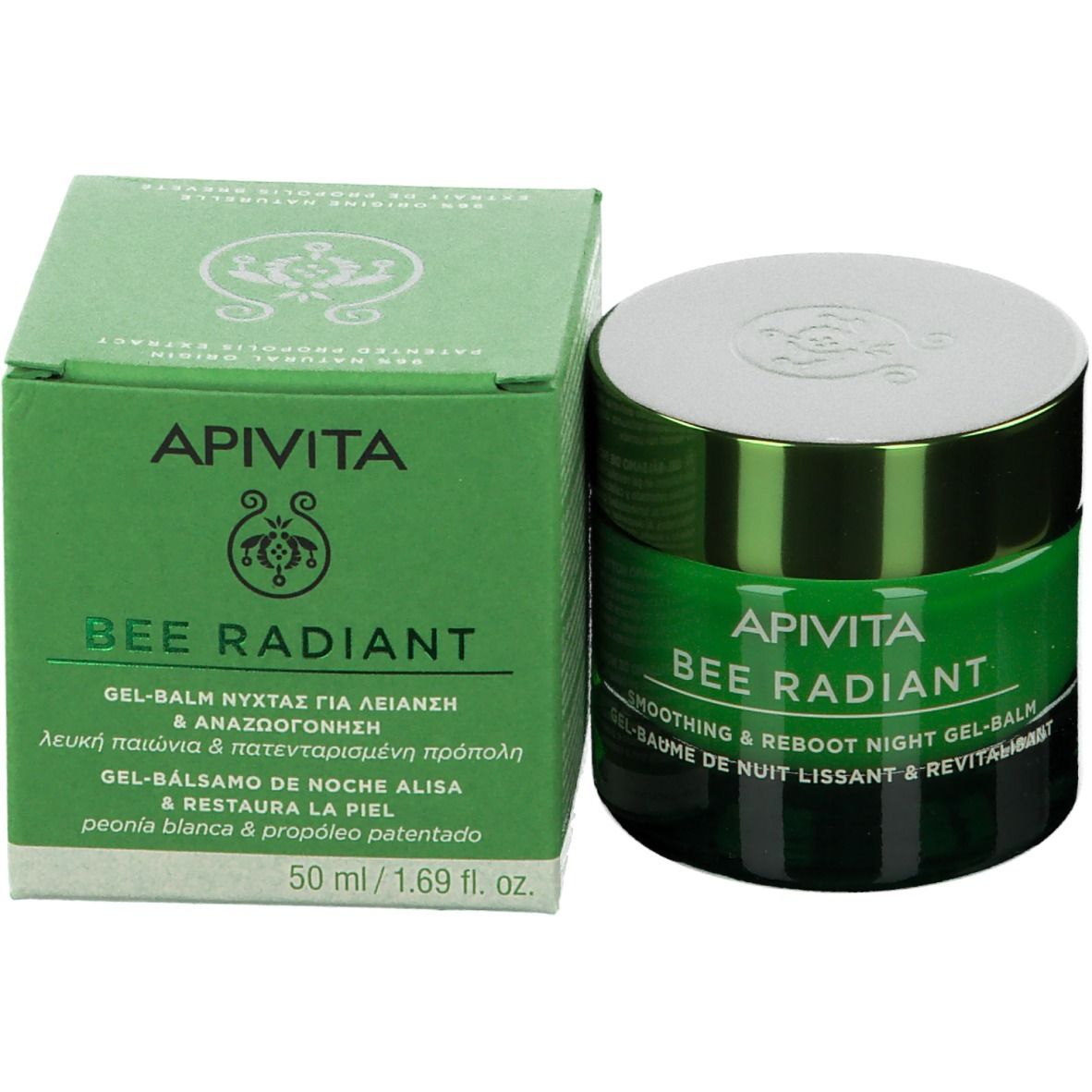 Vasetto e scatola verdi con scritta bianca: APIVITA BEE RADIANT. Gel-balsamo notte. Scritta: Smoothing & Reboot Night Gel-Balm.