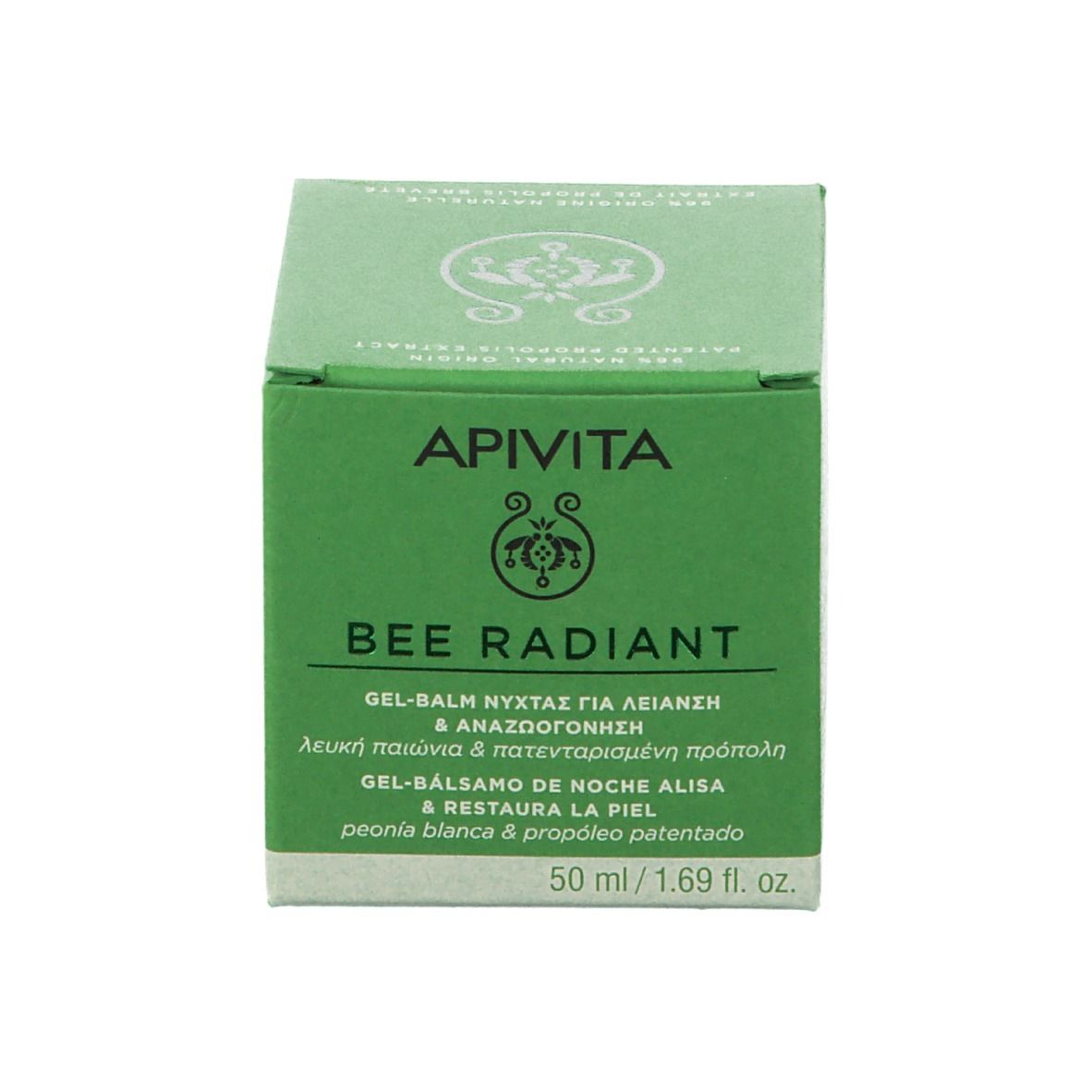 Scatola verde con scritta bianca: APIVITA BEE RADIANT. Gel-balsamo notte. Scritta: Smoothing & Reboot Night Gel-Balm.