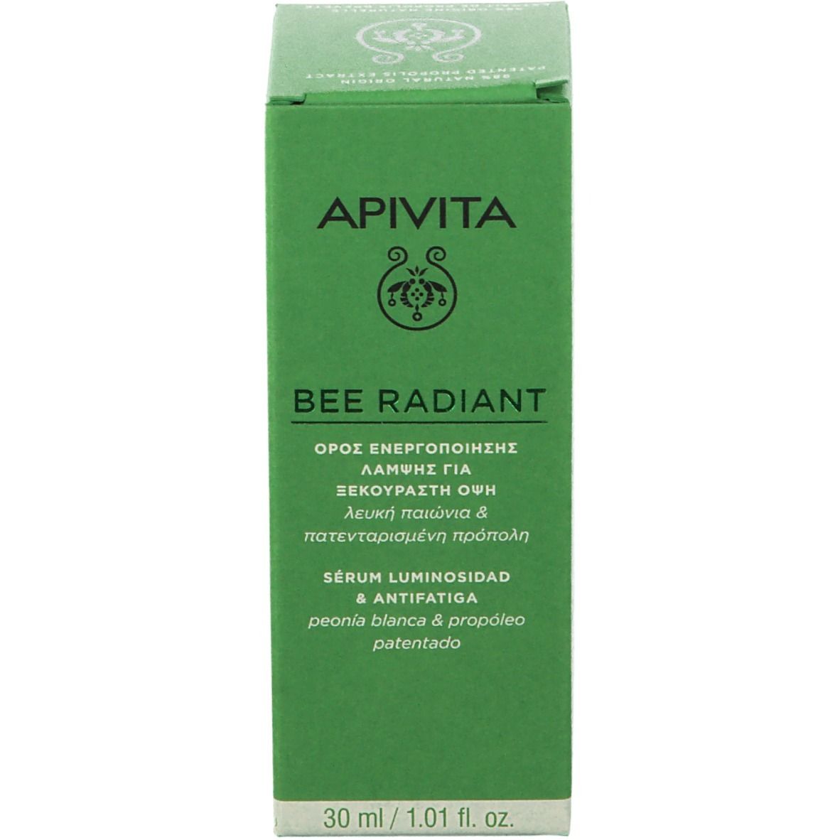 Scatola verde. Testo: APIVITA BEE RADIANT. Siero luminosità e antifatica.
