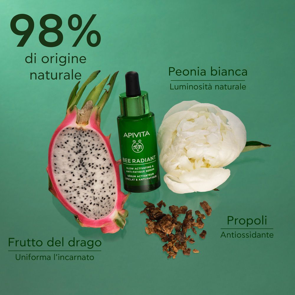 Flacone verde, frutto del drago, peonia, propoli. Testo: 98% naturale. APIVITA BEE RADIANT.