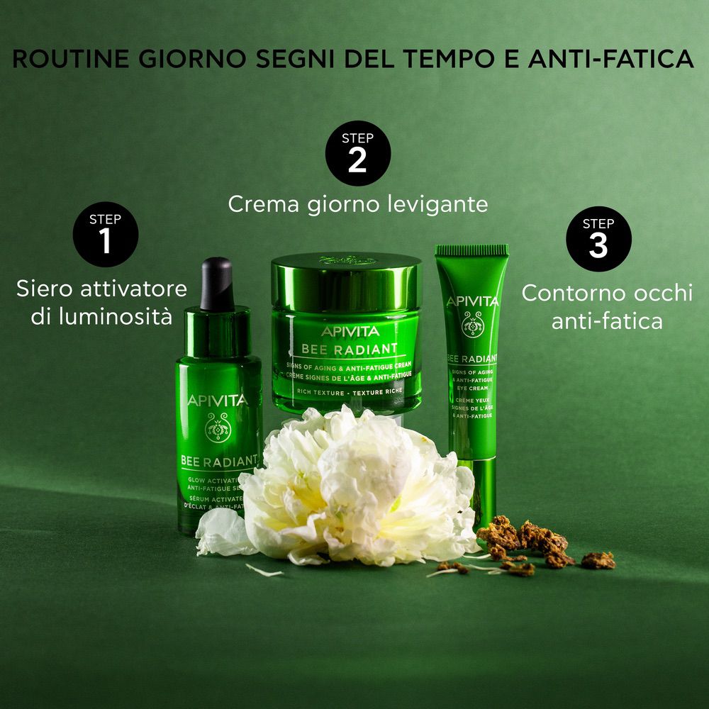 Tre prodotti: siero, crema, contorno occhi. Testo: APIVITA BEE RADIANT. Routine giorno.