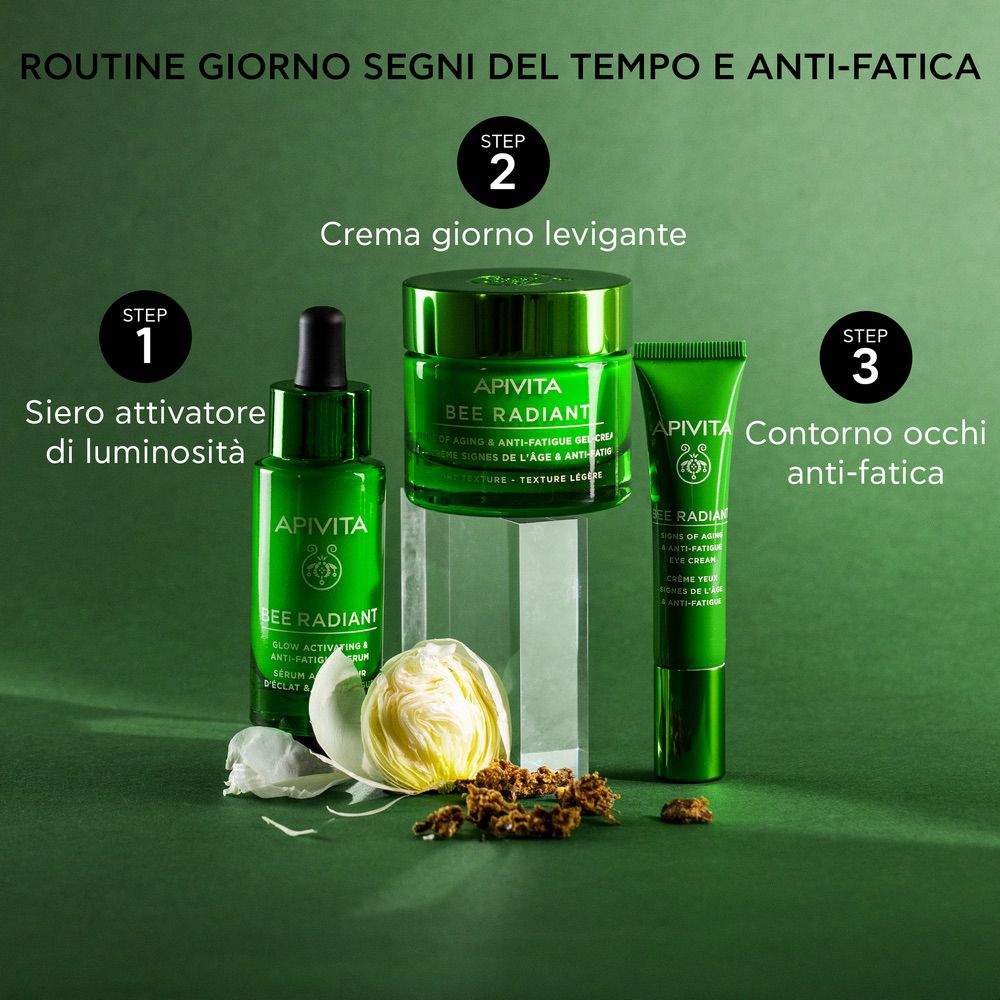 Tre prodotti: siero, crema, contorno occhi. Testo: APIVITA BEE RADIANT. Routine giorno.