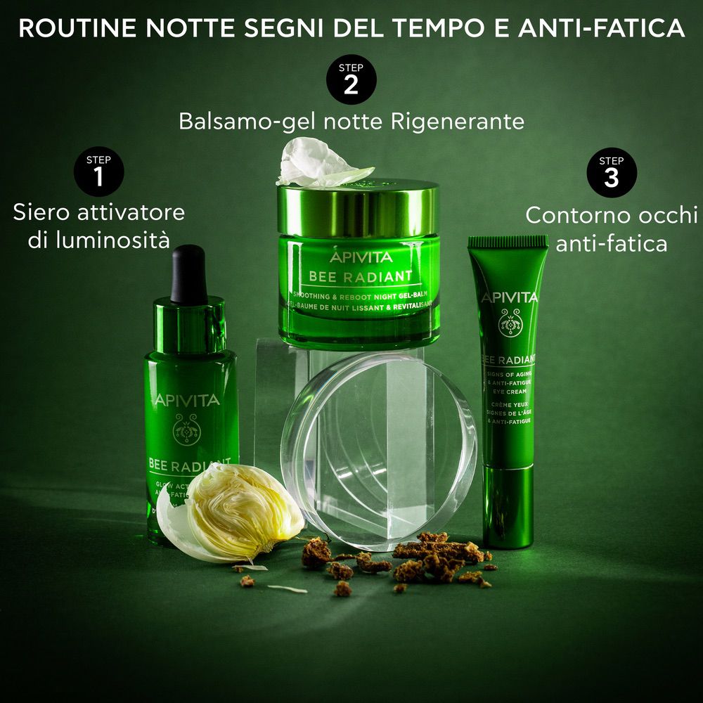 Tre prodotti: siero, crema, contorno occhi. Testo: APIVITA BEE RADIANT. Routine notte.