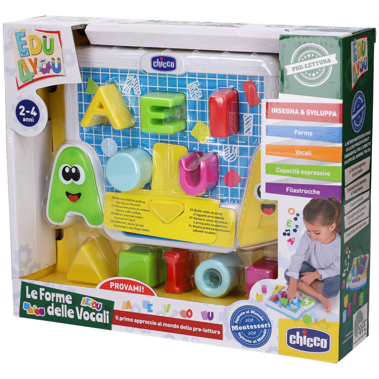 Chicco Le Forme Delle Vocali. Gioco educativo con forme di lettere e lavagna. Confezione con bambino e immagine del prodotto.