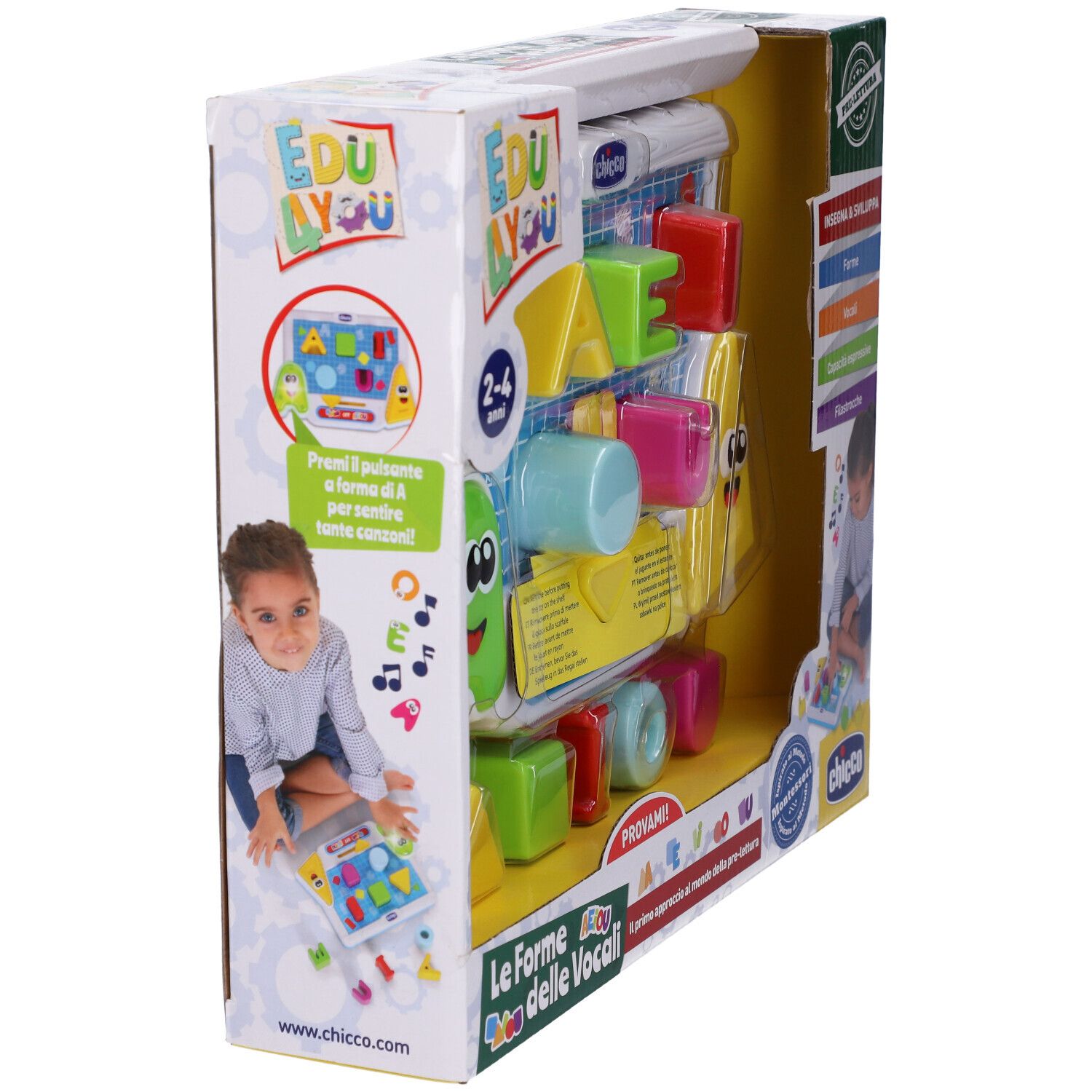 Chicco Le Forme Delle Vocali. Gioco educativo con forme di lettere e lavagna. Confezione con bambino e immagine del prodotto.