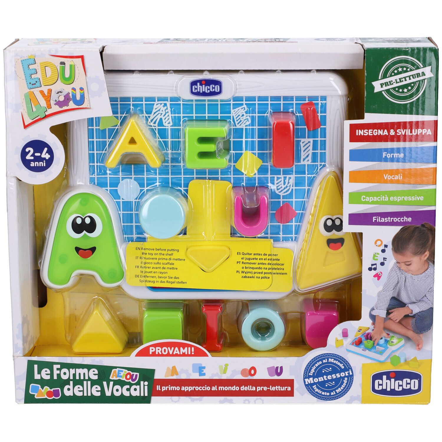 Chicco Le Forme Delle Vocali. Gioco educativo con forme di lettere e lavagna. Confezione con bambino e immagine del prodotto.
