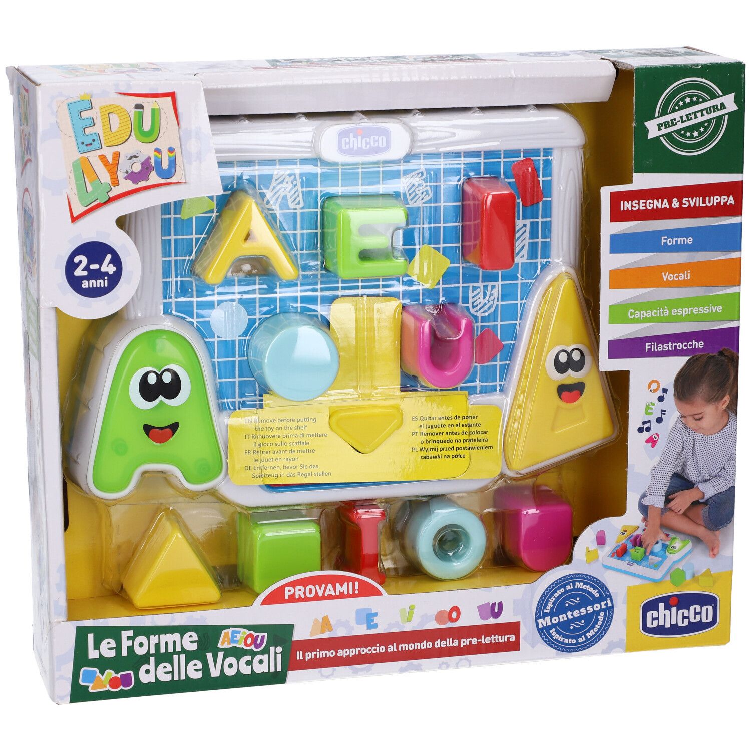 Chicco Le Forme Delle Vocali. Gioco educativo con forme di lettere e lavagna. Confezione con bambino e immagine del prodotto.