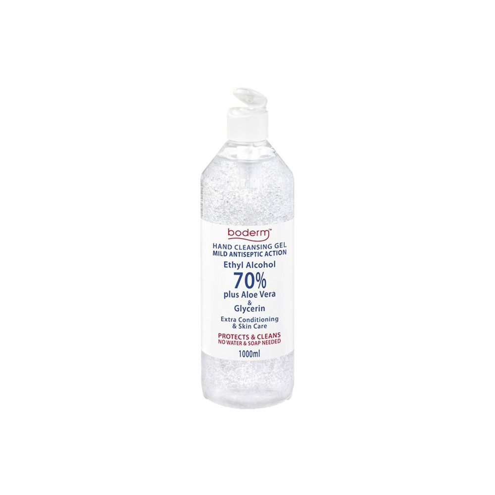 Flacone trasparente di gel per le mani. L'etichetta riporta "boderm", "70% Ethyl Alcohol" e "1000ml".