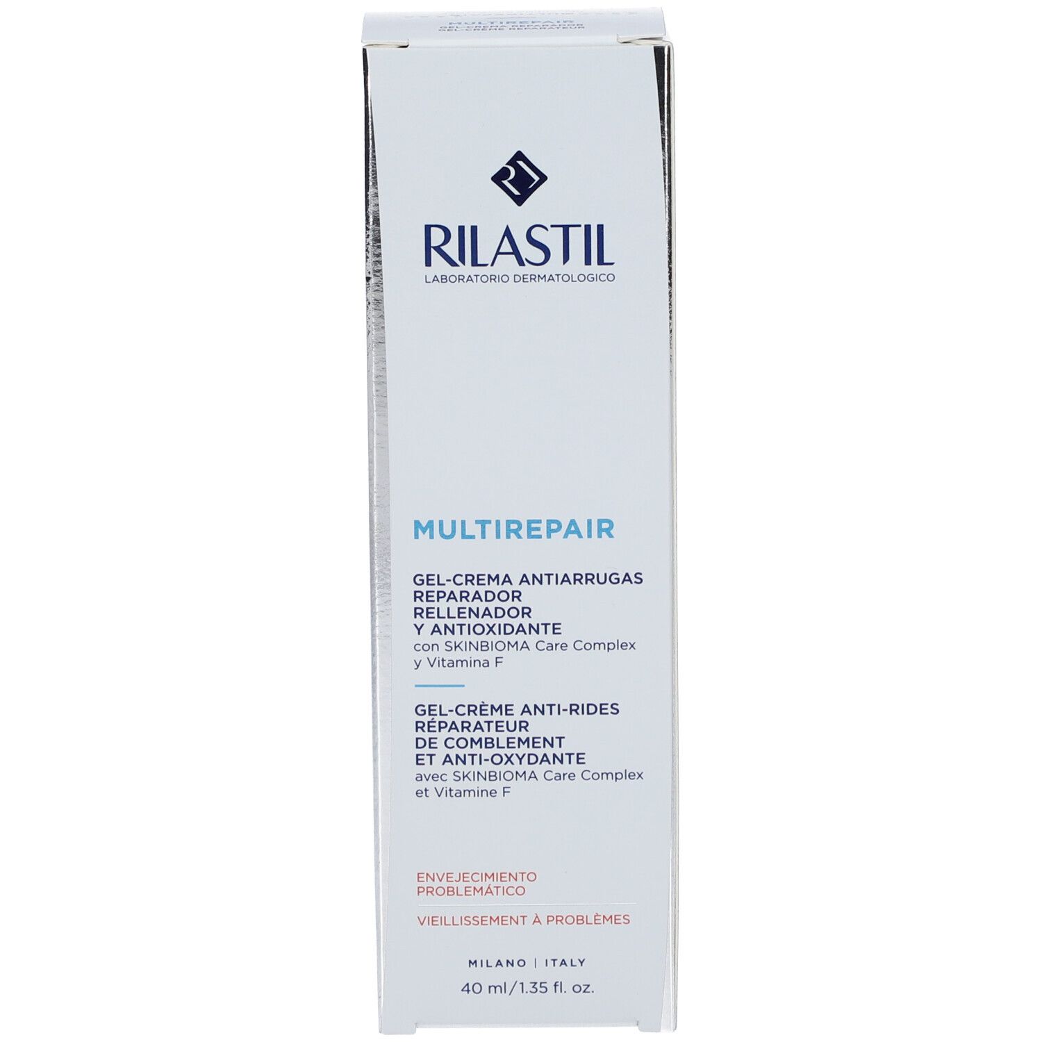 Weiße Schachtel mit Rilastil Multirepair. Produktbezeichnung, Logo und Informationen. 40 ml.