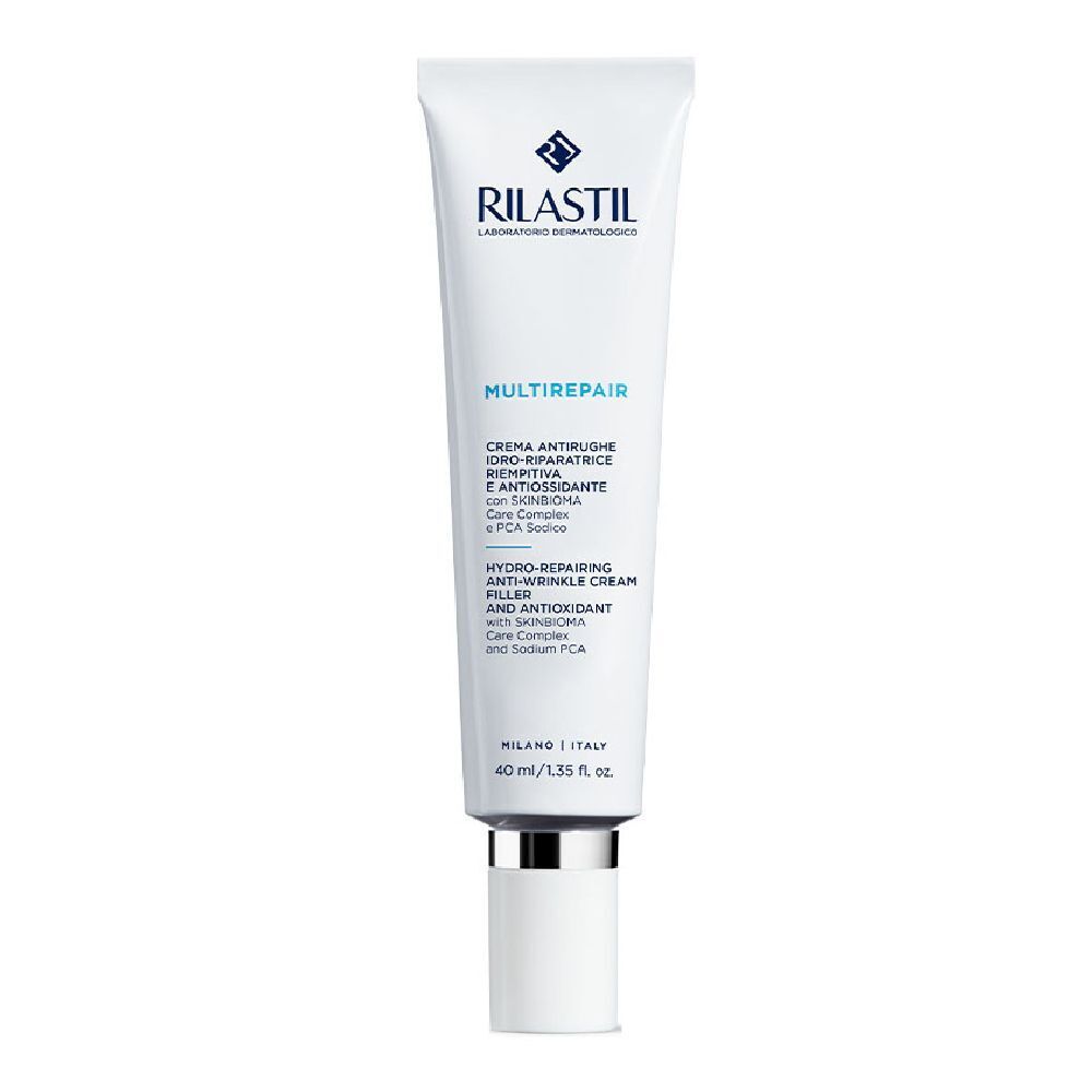 Weiße Tube mit RILASTIL®-Logo und MULTIREPAIR-Schriftzug. Enthält Creme. 40 ml.
