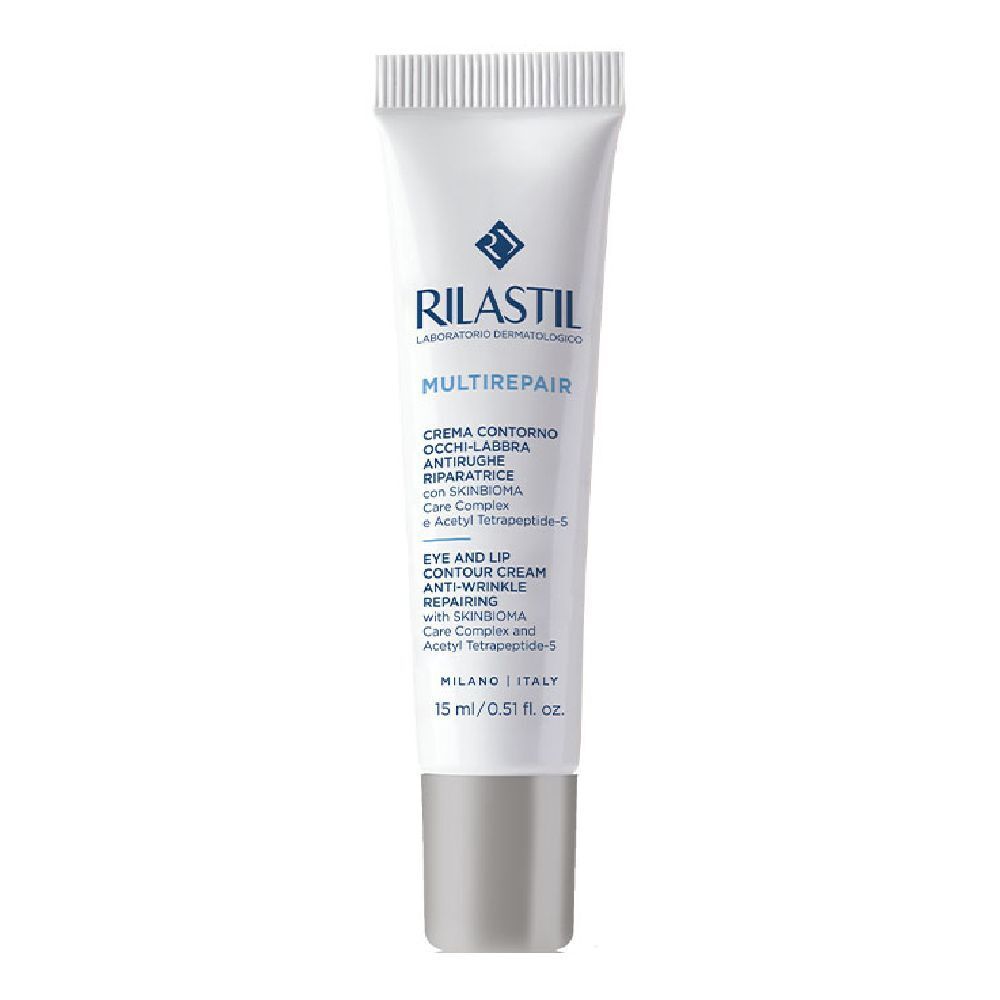 Tubo bianco con tappo argentato. Scritta: RILASTIL, MULTIREPAIR, crema contorno occhi-labbra. Testo in italiano e inglese.