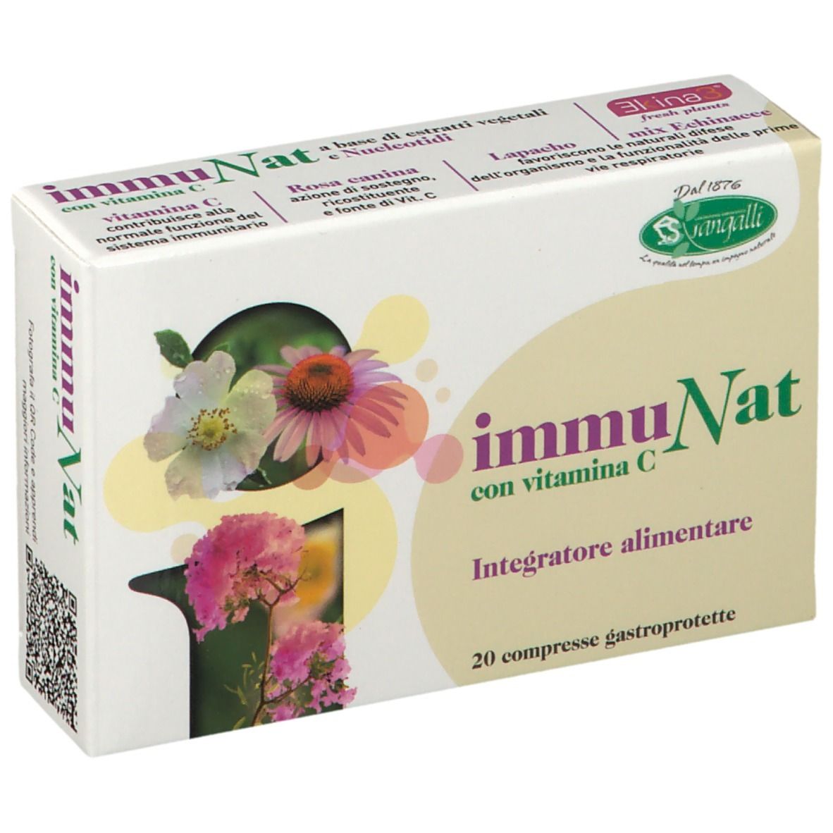 Scatola con nome del prodotto e illustrazioni floreali. Testo: ImmuNat con vitamina C, Integratore alimentare, 20 compresse gastroprotette.