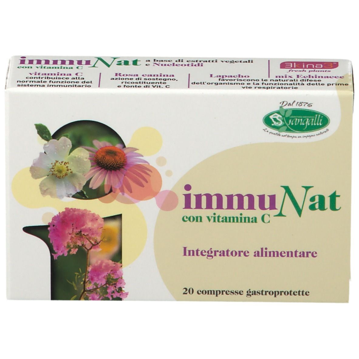 Confezione del prodotto con illustrazioni floreali e nome del prodotto. Testo: ImmuNat con vitamina C, Integratore alimentare, 20 compresse gastroprotette.