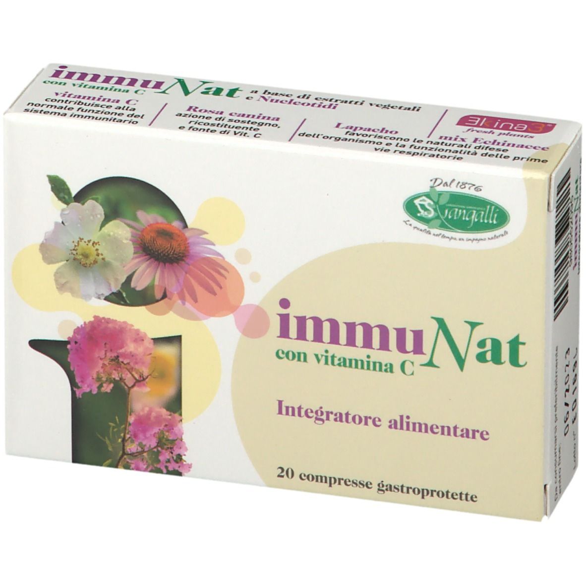 Confezione del prodotto con illustrazioni floreali e nome del prodotto. Testo: ImmuNat con vitamina C, Integratore alimentare, 20 compresse gastroprotette.