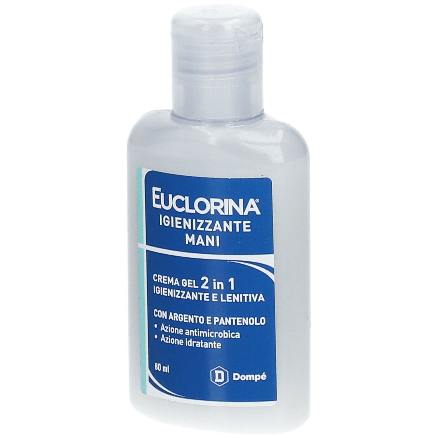 Flacone bianco con etichetta blu. Scritta: Euclorina Igienizzante mani. Contiene Crema Gel 2 in 1.
