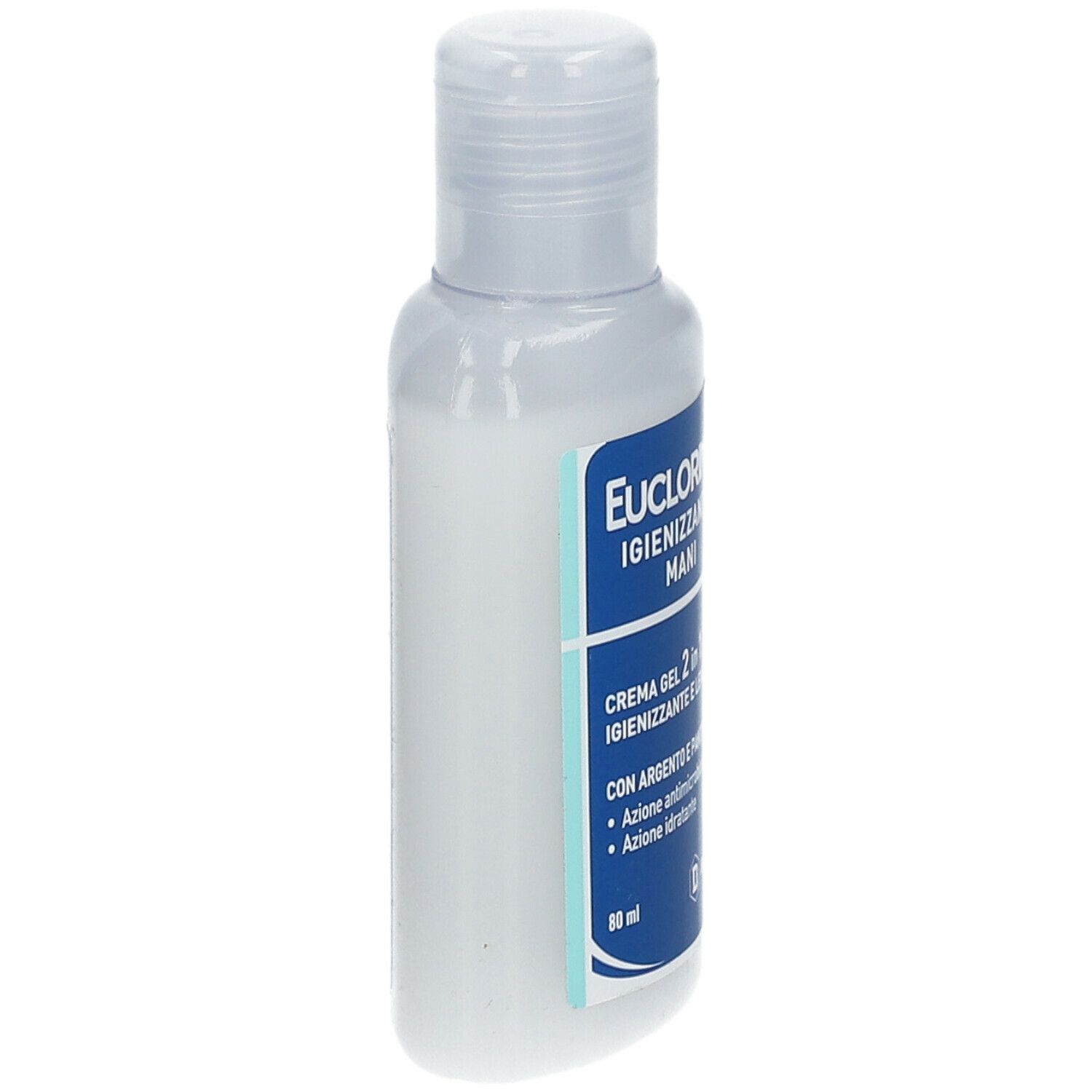 Flacone bianco con etichetta blu. Nome prodotto: Euclorina Igienizzante mani. Flacone con tappo a vite.