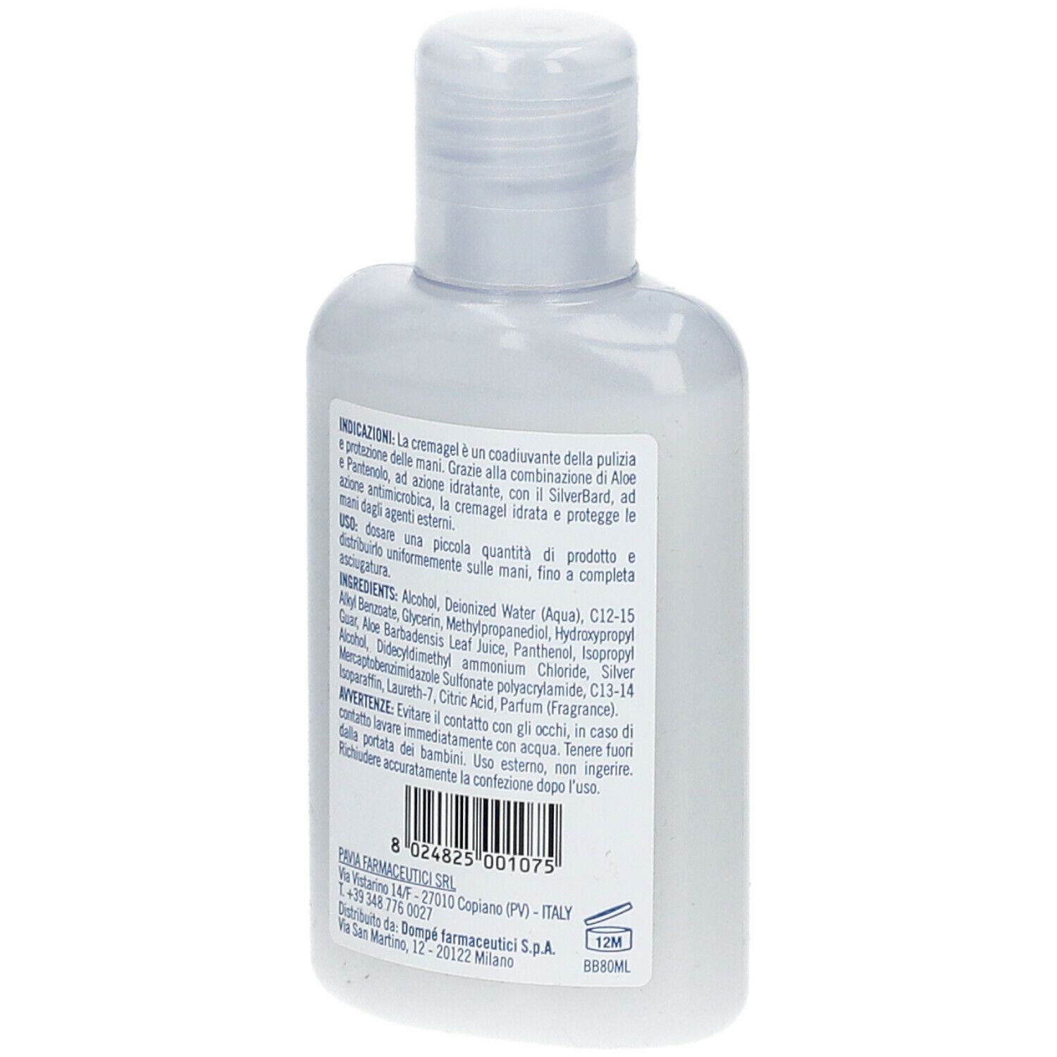 Retro di un flacone bianco. Testo con ingredienti e avvertenze. Marchio: Dompé.