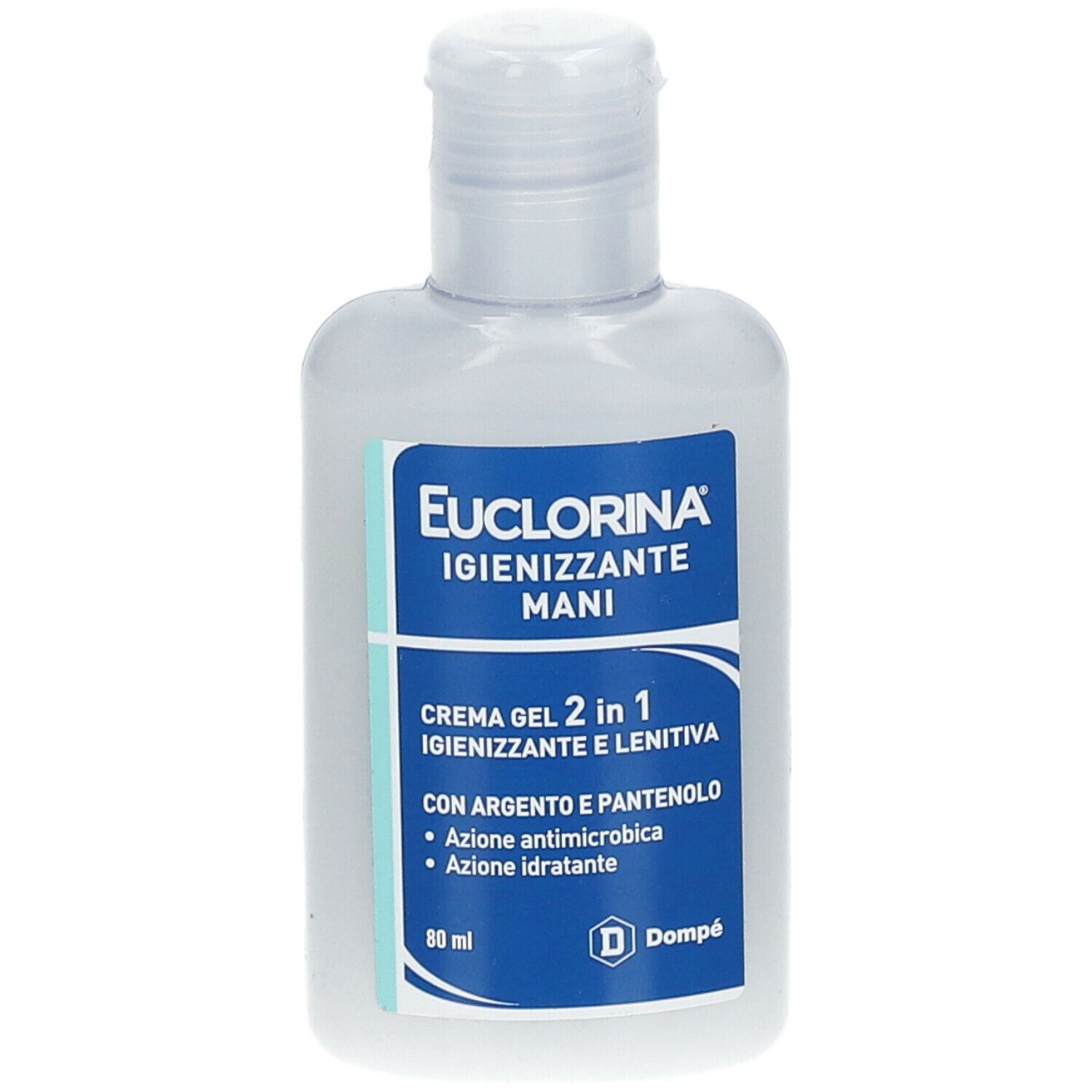 Flacone bianco con etichetta blu. Scritta: Euclorina Igienizzante mani. Contiene Crema Gel 2 in 1.