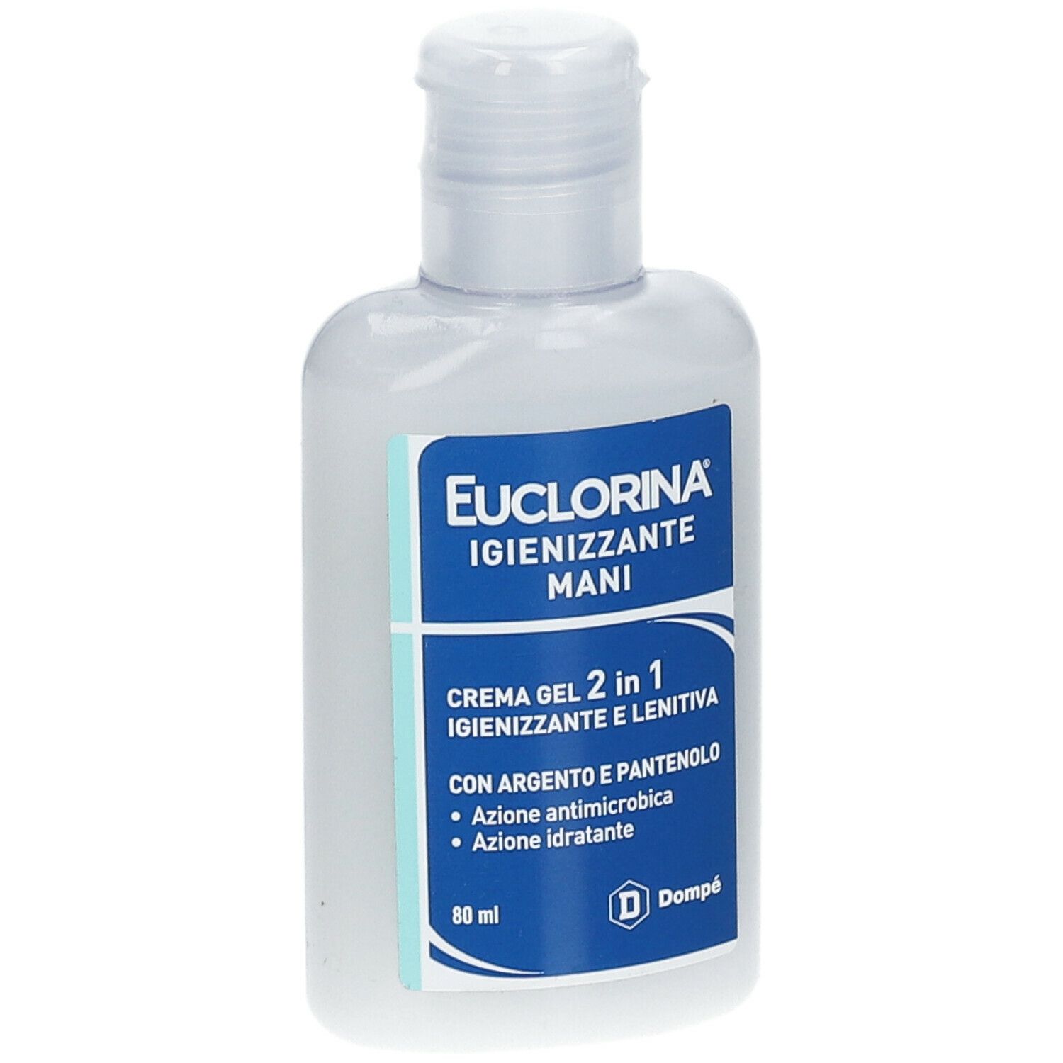 Flacone bianco con etichetta blu. Scritta: Euclorina Igienizzante mani. Contiene Crema Gel 2 in 1.