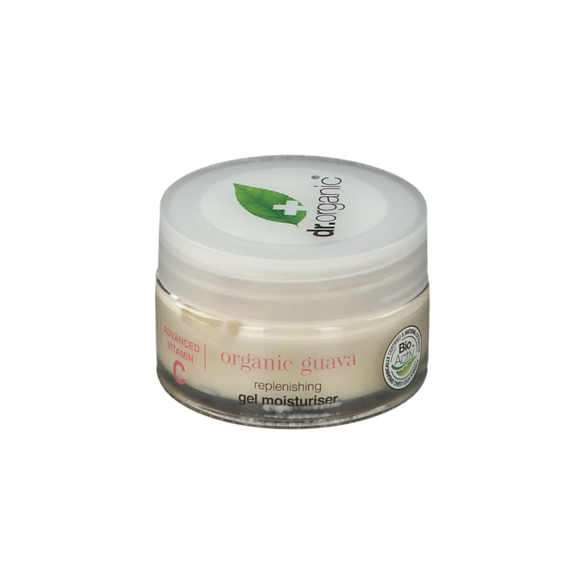 Pot de crème avec couvercle blanc. Logo et texte sur le couvercle. Texte sur le pot : organic guava, gel moisturiser.