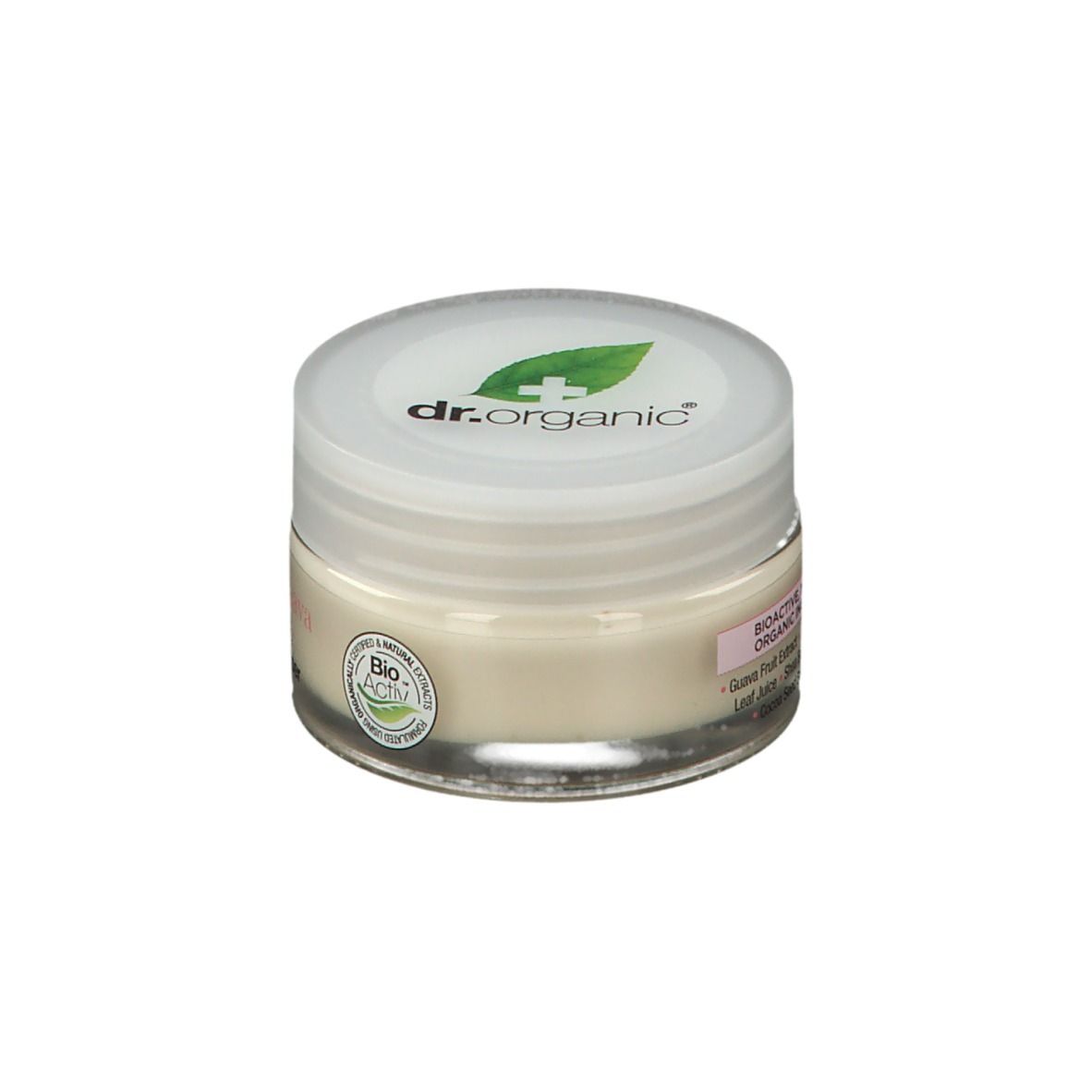 Pot de crème avec couvercle blanc. Logo et texte sur le couvercle. Texte sur le pot : organic guava, gel moisturiser.