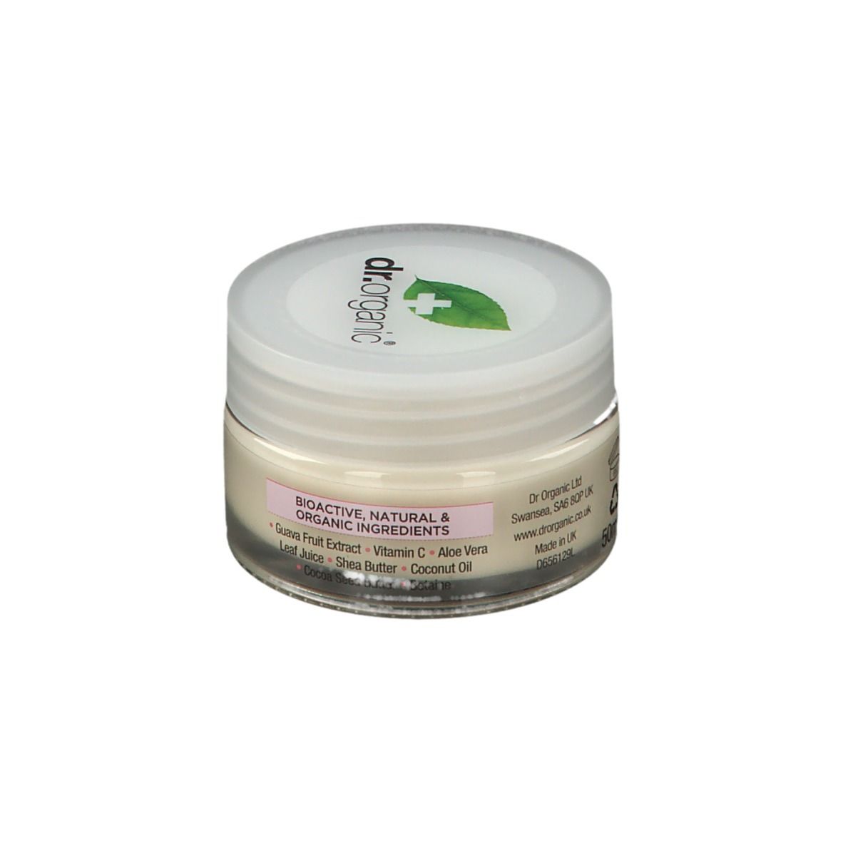 Pot de crème avec couvercle blanc. Logo et texte sur le couvercle. Texte sur le pot : organic guava, gel moisturiser.