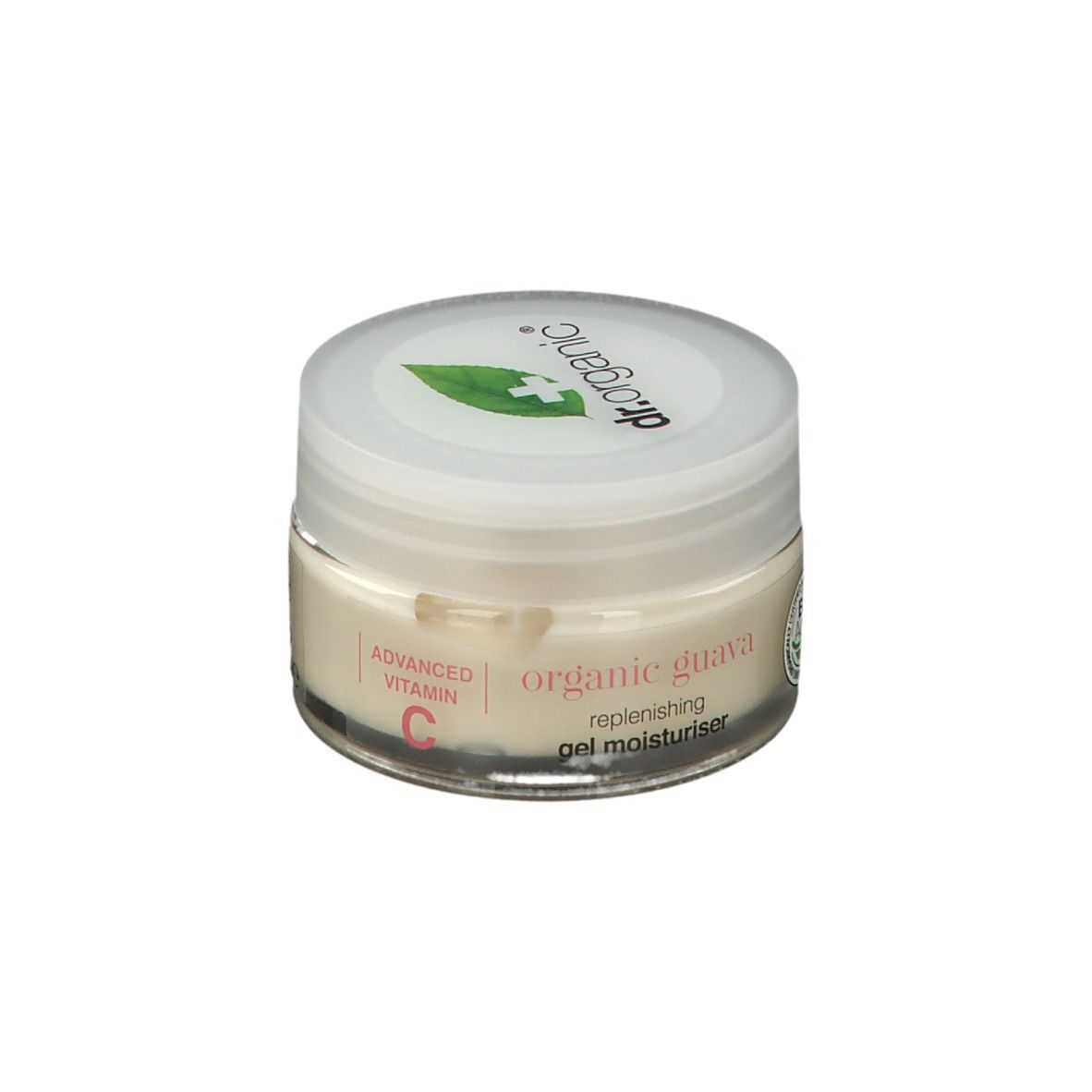 Pot de crème avec couvercle blanc. Logo et texte sur le couvercle. Texte sur le pot : organic guava, gel moisturiser.