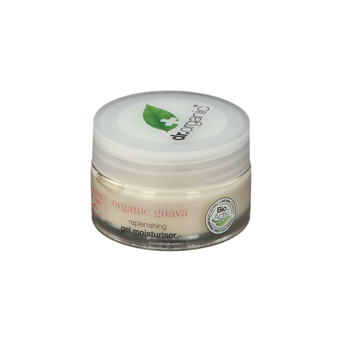 Pot de crème avec couvercle blanc. Logo et texte sur le couvercle. Texte sur le pot : organic guava, gel moisturiser.
