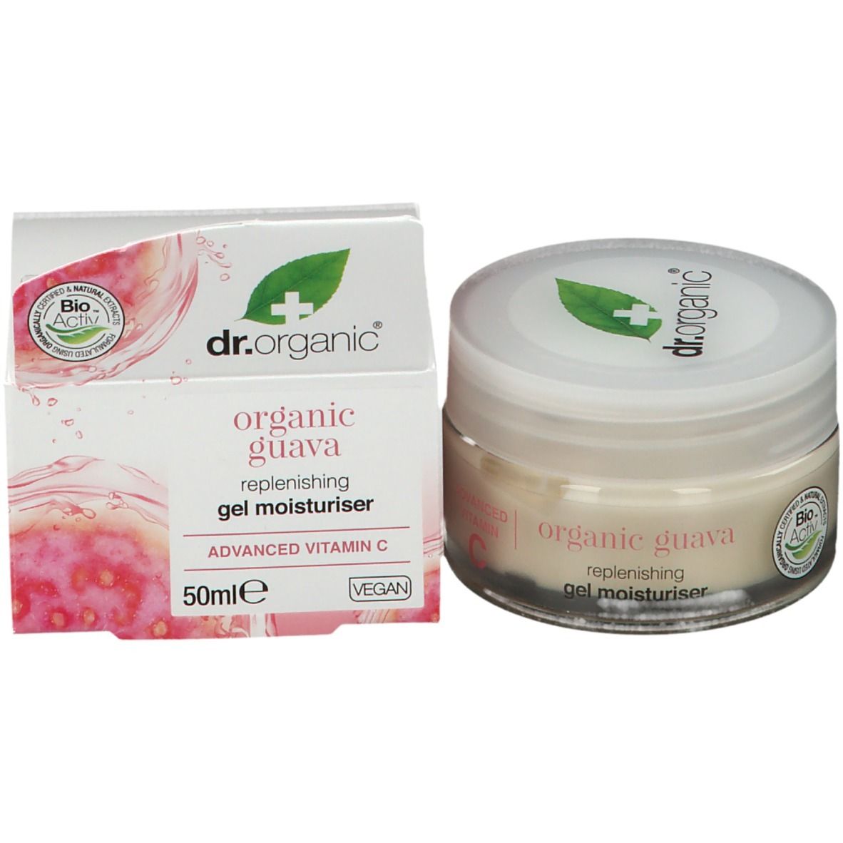 Pot de crème et carton. Logo et texte sur le carton. Texte sur le pot : organic guava, gel moisturiser.