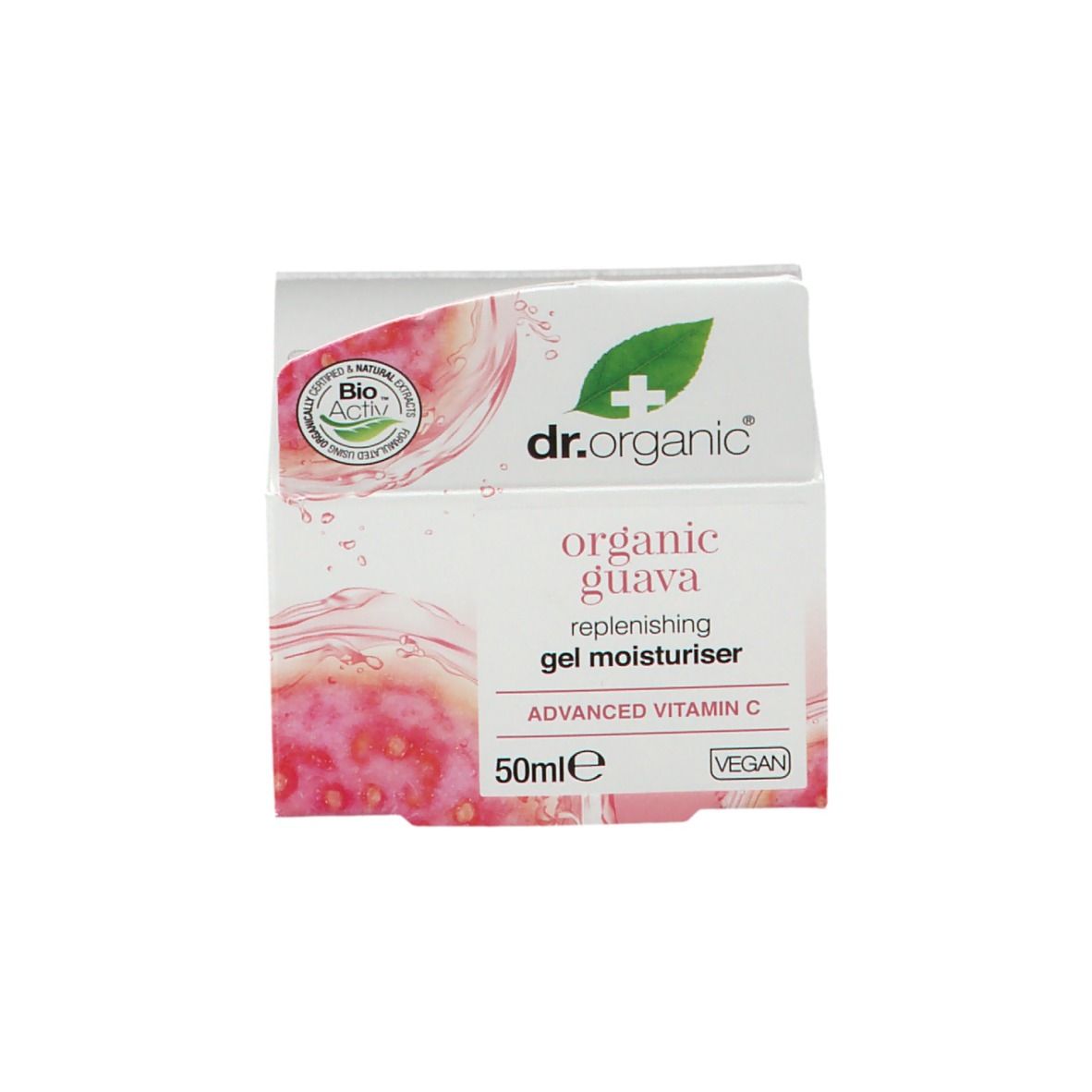 Boîte avec logo et texte. Texte sur la boîte : organic guava, gel moisturiser.
