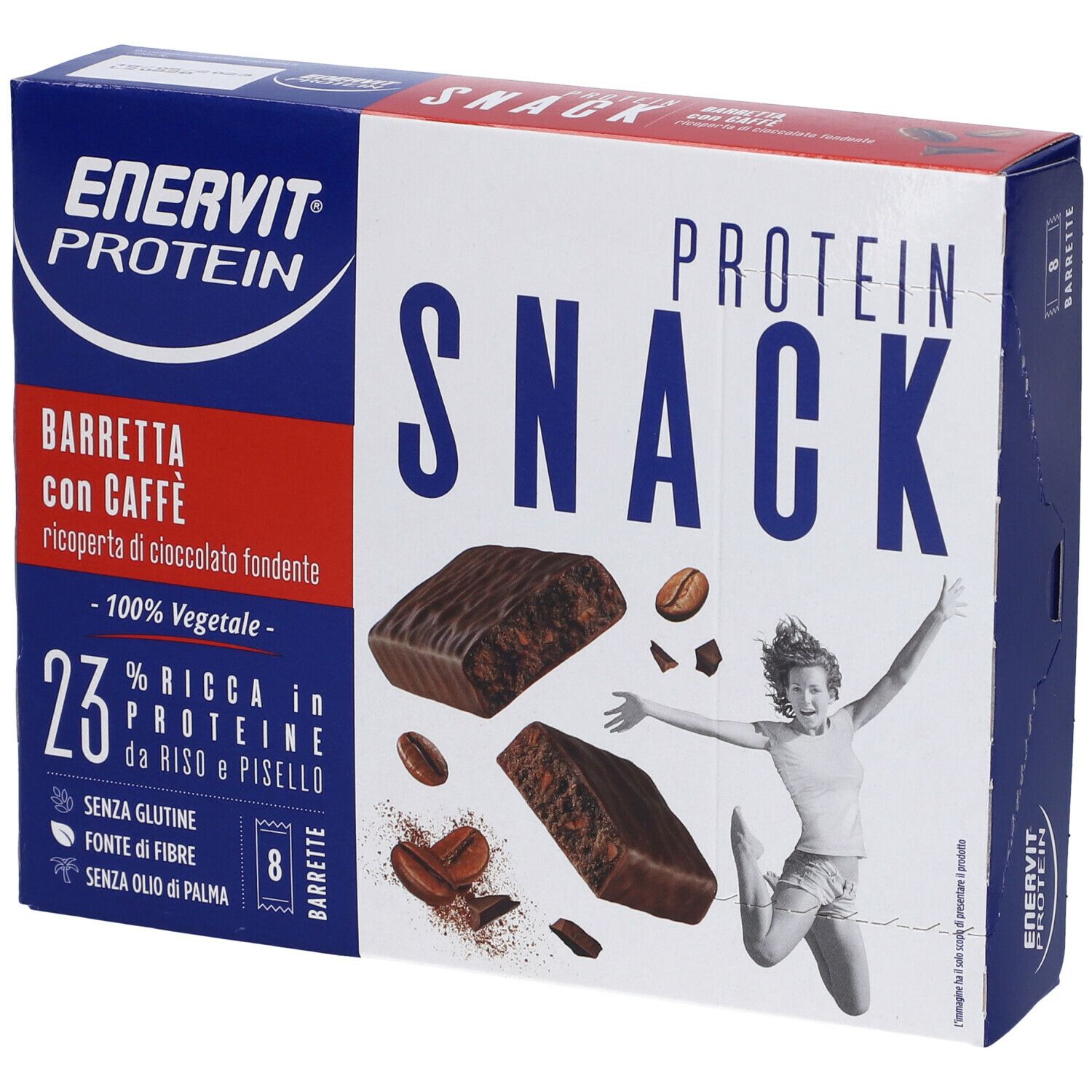 Scatola ENERVIT Protein Snack, barrette al caffè, 8 barrette. 23% proteine da riso e piselli. Senza glutine.