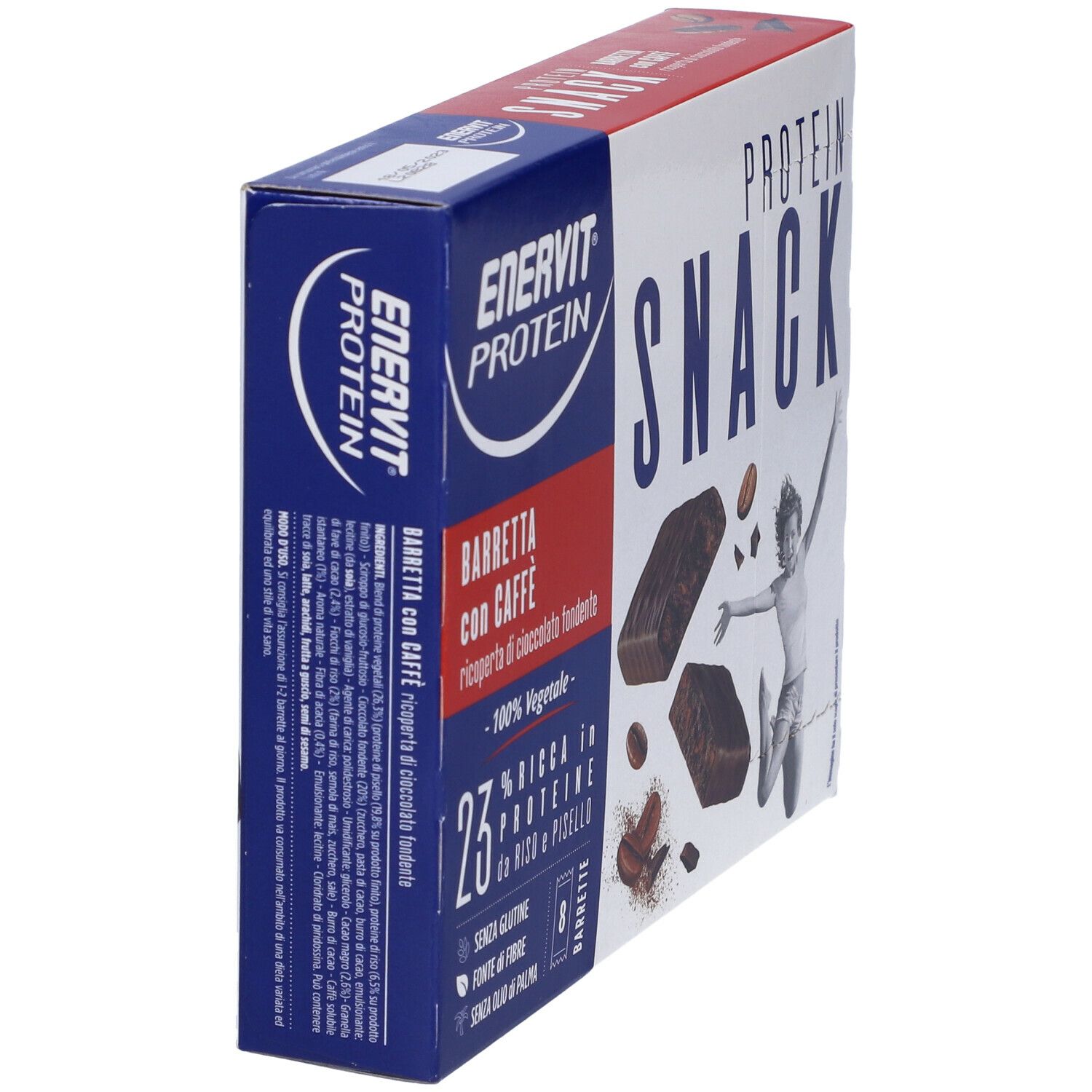 Scatola ENERVIT Protein Snack, barrette al caffè, 8 barrette. 23% proteine da riso e piselli. Senza glutine.