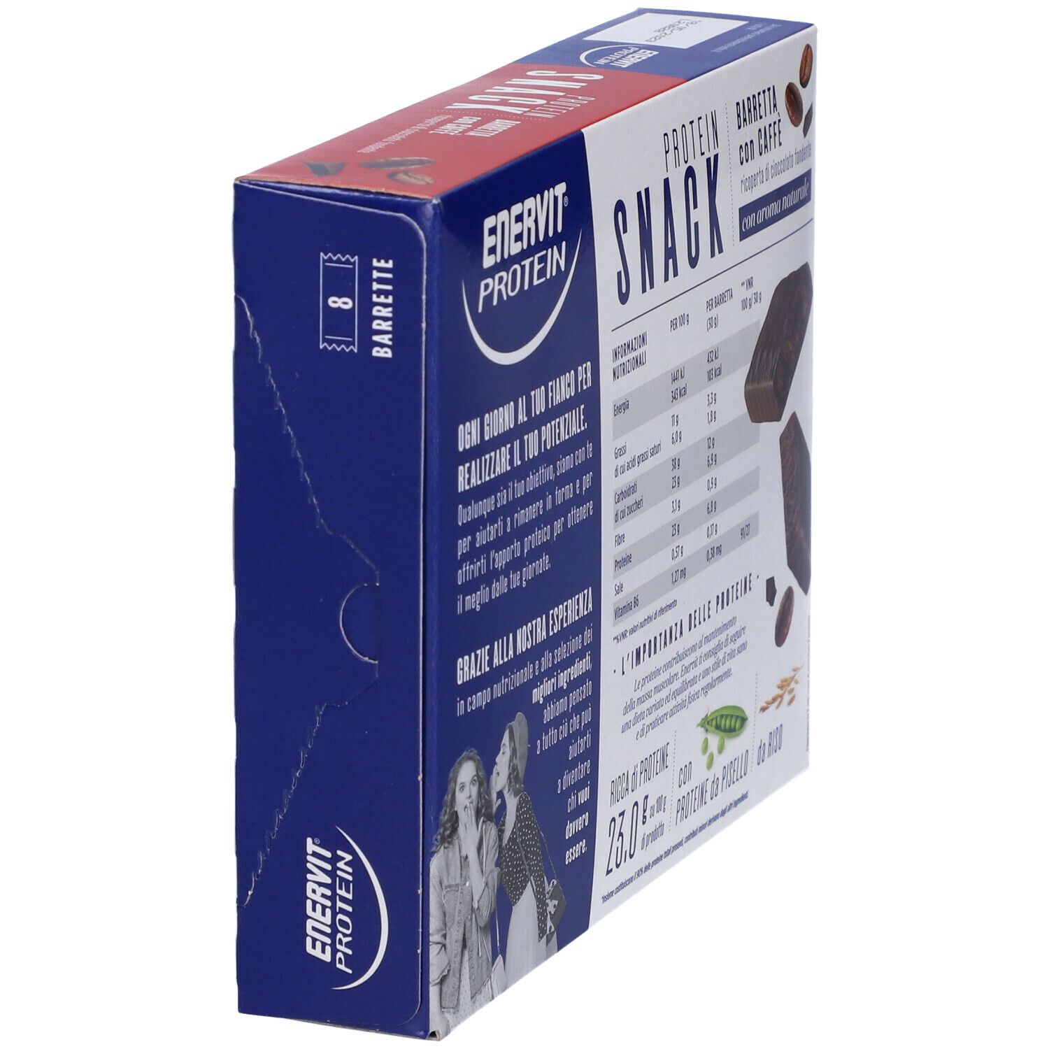 Scatola ENERVIT Protein Snack, barrette al caffè, 8 barrette. 23% proteine da riso e piselli. Senza glutine.