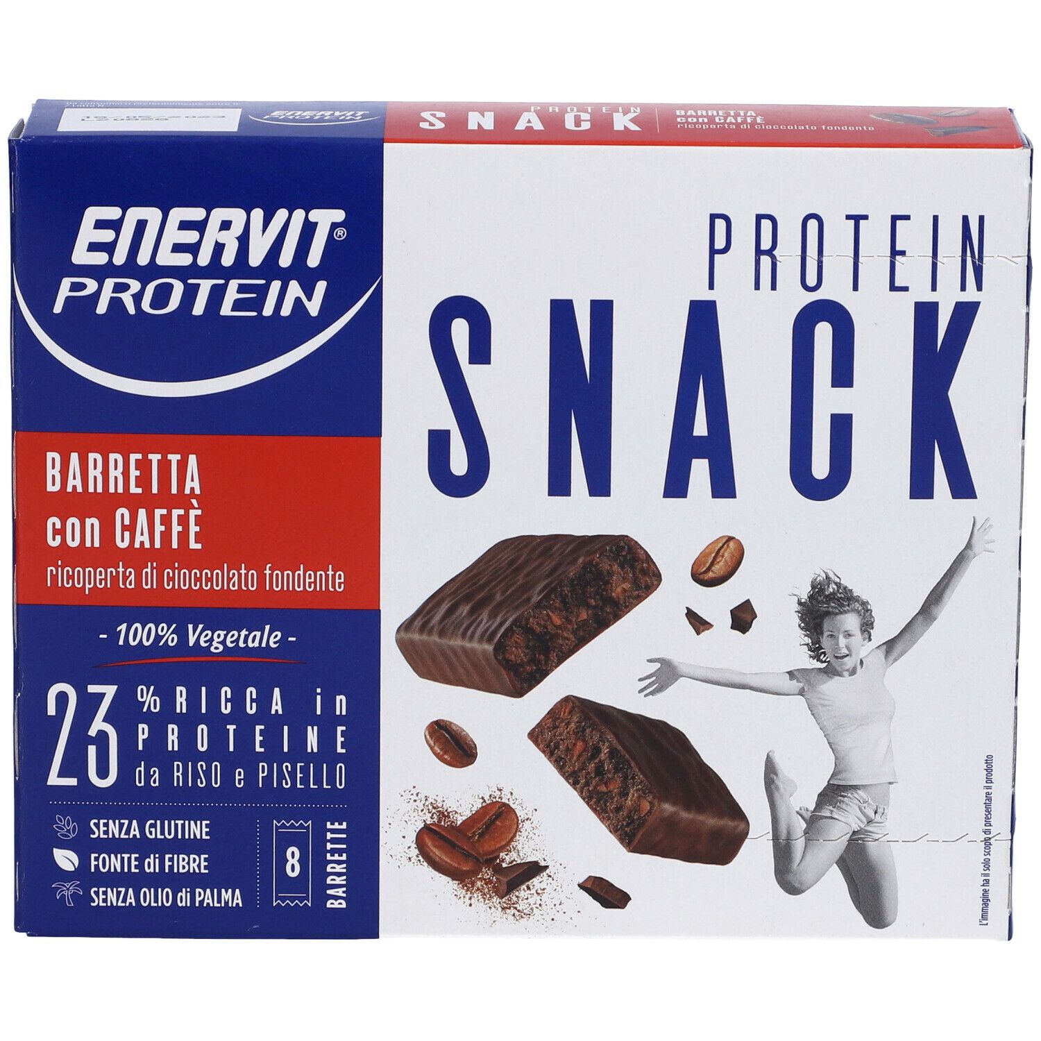 Scatola ENERVIT Protein Snack, barrette al caffè, 8 barrette. 23% proteine da riso e piselli. Senza glutine.
