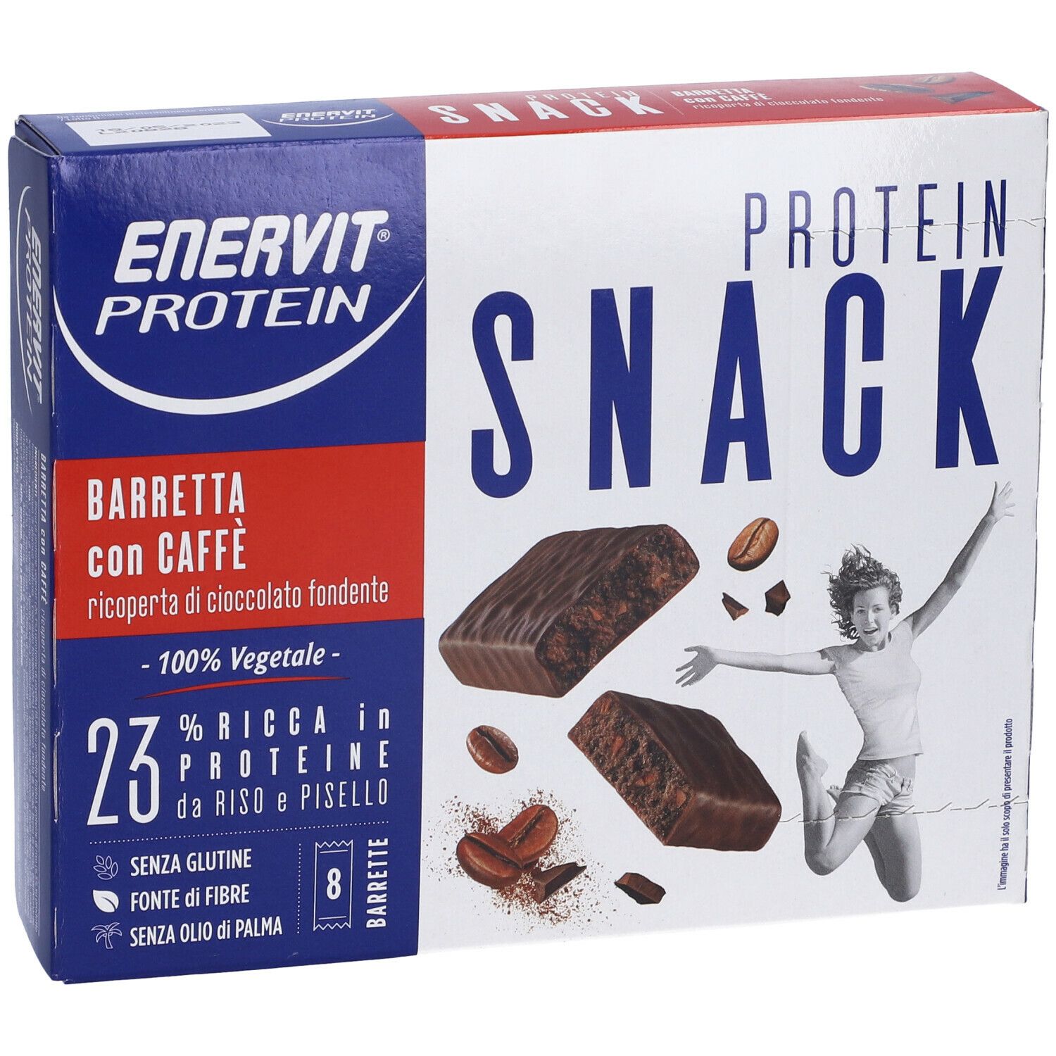 Scatola ENERVIT Protein Snack, barrette al caffè, 8 barrette. 23% proteine da riso e piselli. Senza glutine.