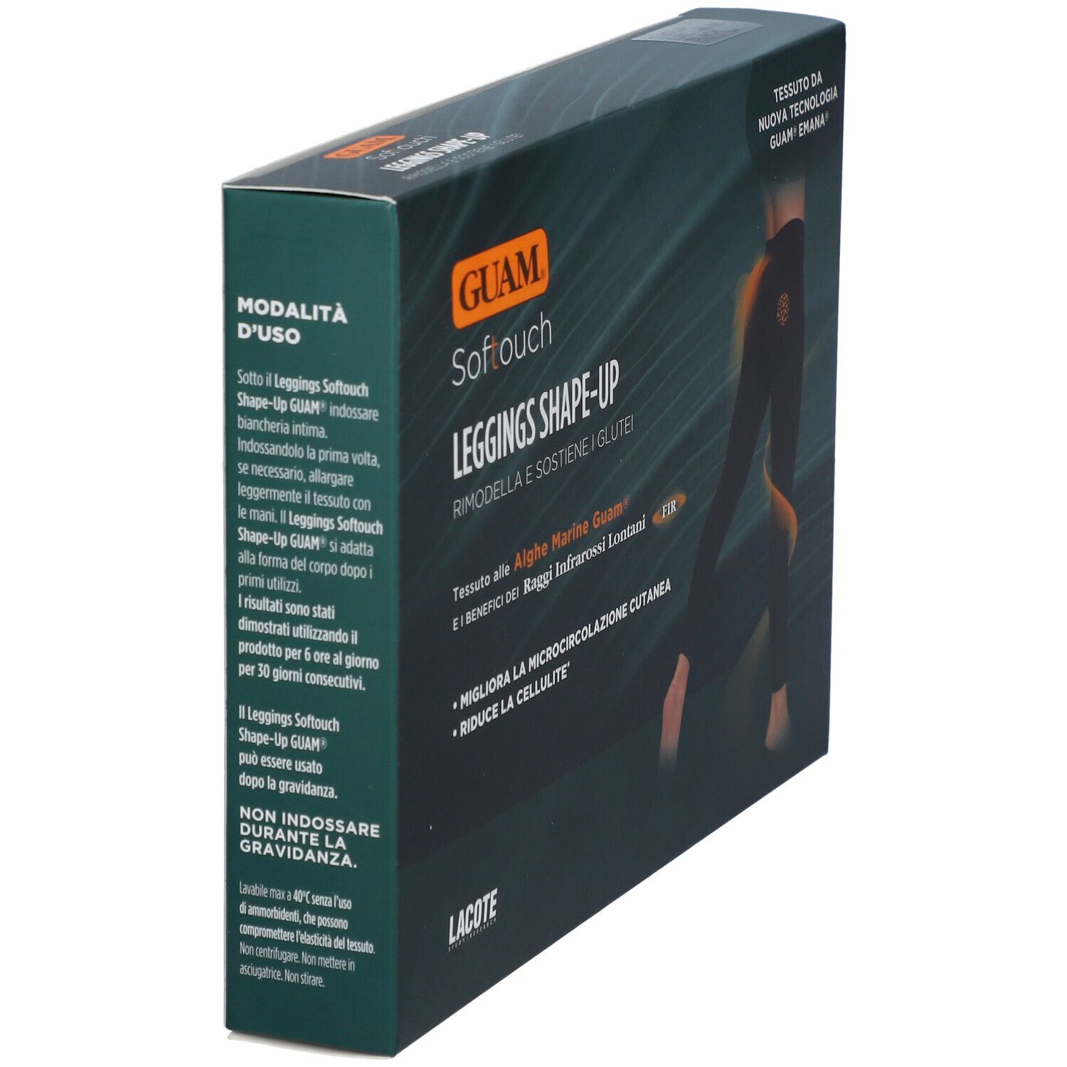 GUAM Softouch Leggings Shape-Up L/XL. Confezione con informazioni prodotto. Testo: Alghe, infrarossi, cellulite.