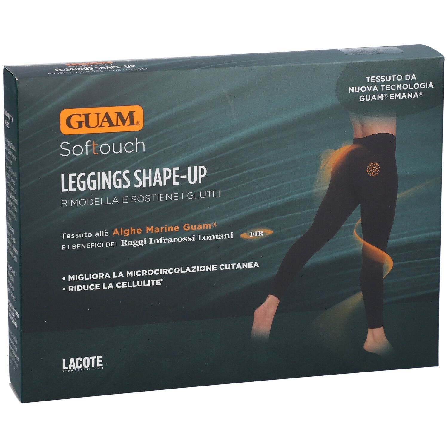 GUAM Softouch Leggings Shape-Up L/XL. Leggings neri su confezione. Testo: Alghe, infrarossi, cellulite.
