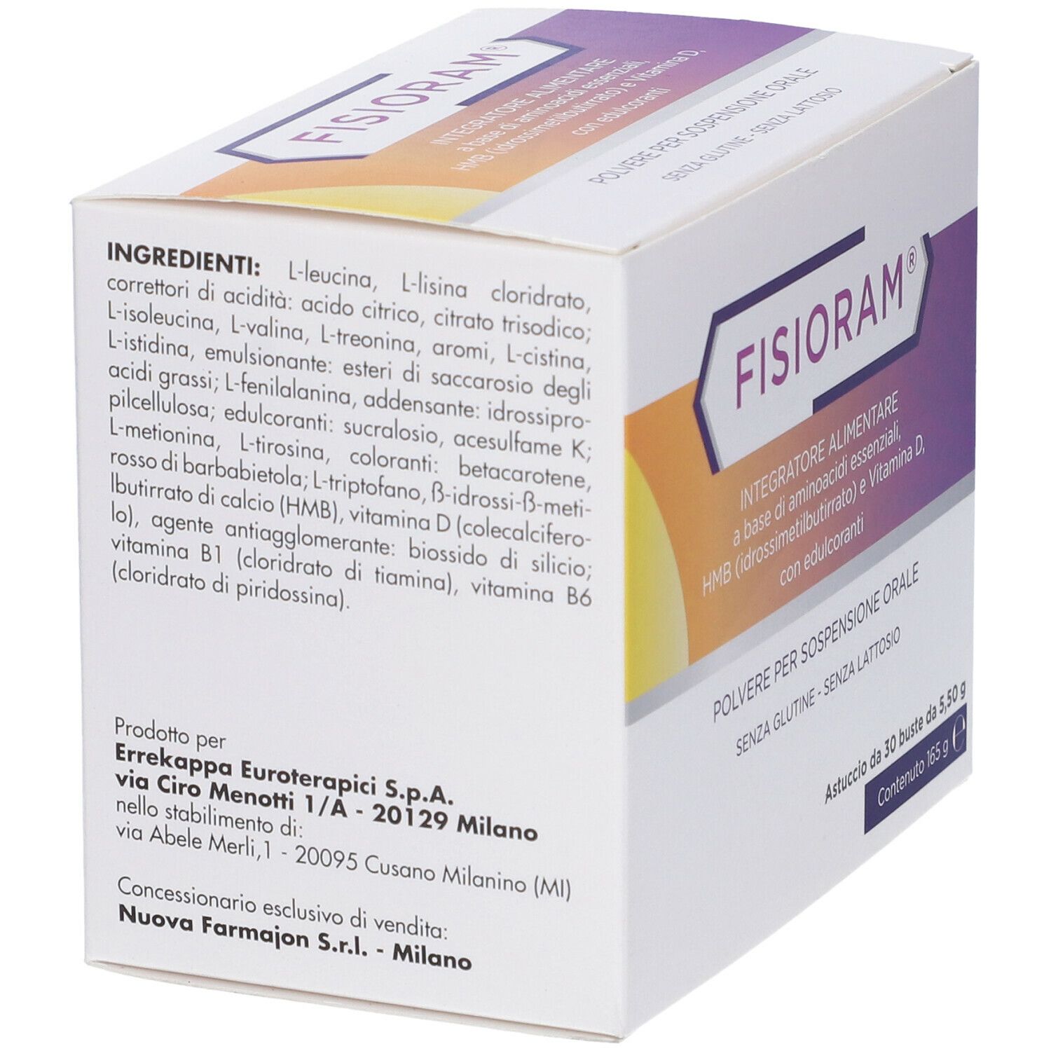 Confezione Fisioram. Retro con elenco ingredienti e informazioni produttore.