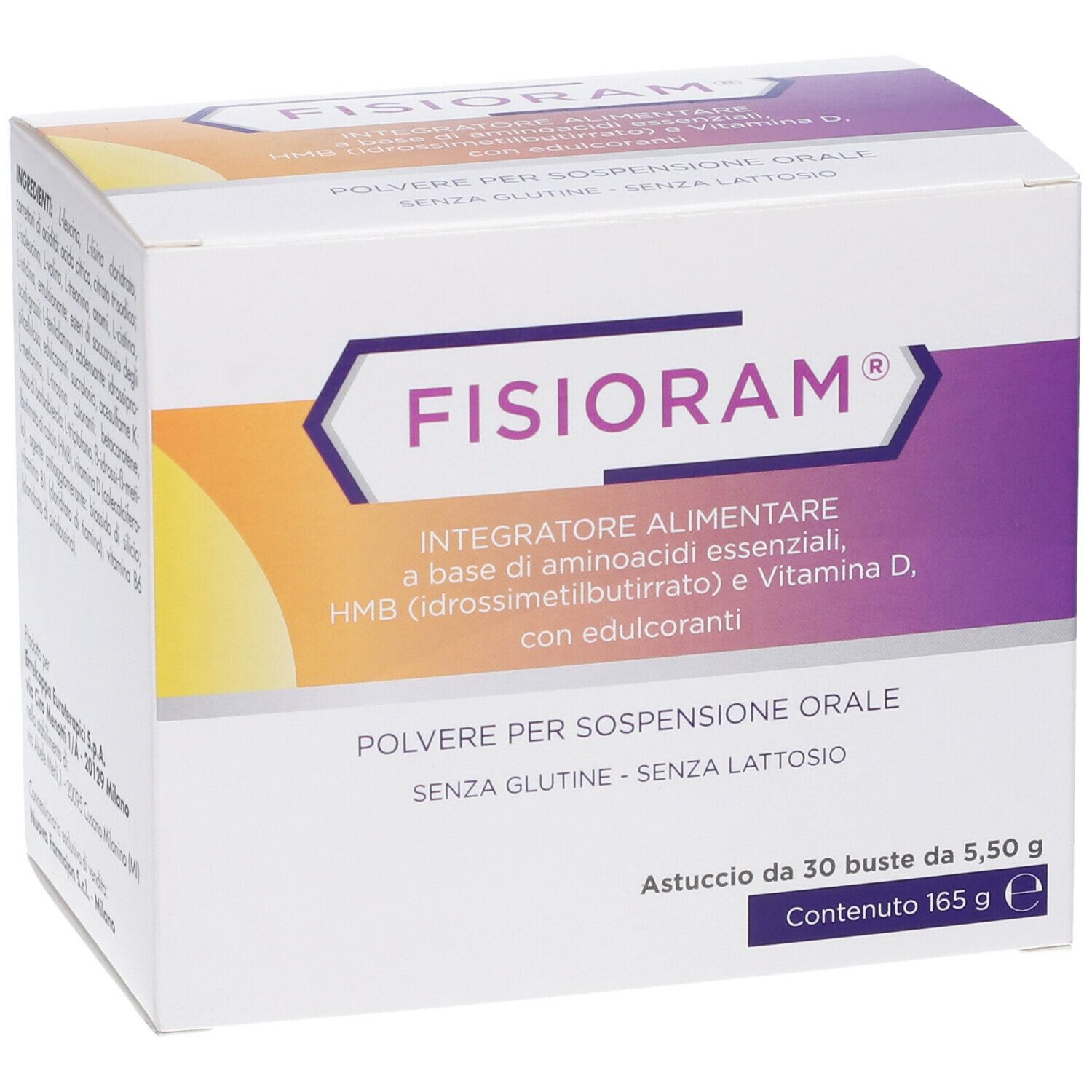 Confezione Fisioram. Scatola bianca con nome del prodotto e informazioni. Contiene 30 bustine.