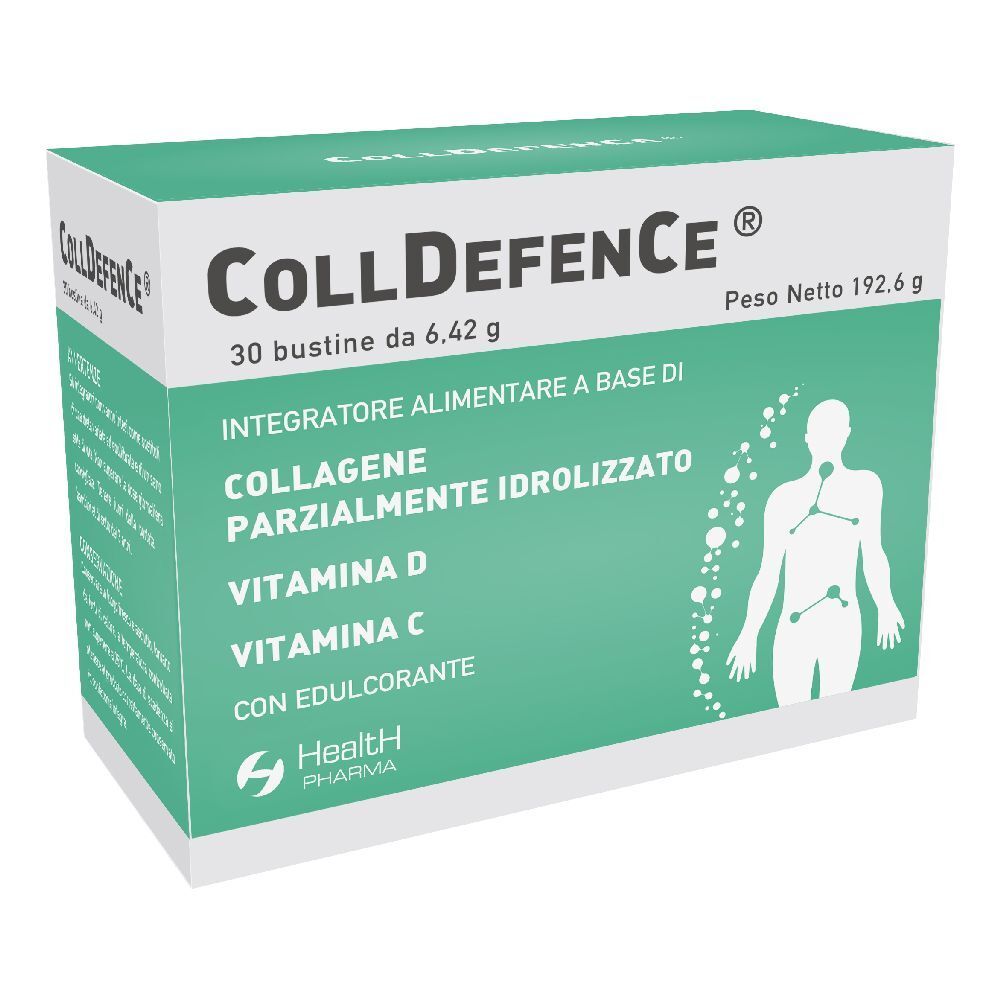 Confezione "CollDefence" con 30 bustine. Contiene collagene, vitamine D e C. Marchio Health Pharma.