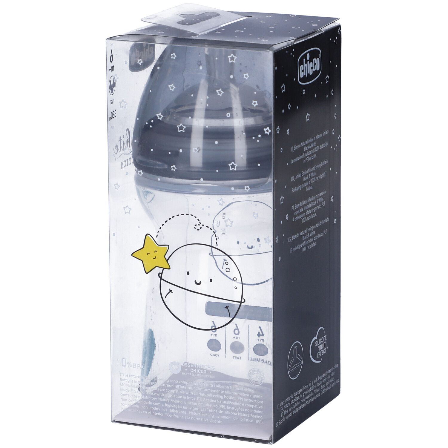 Biberon in confezione. Design bianco e nero. Marchio Chicco. Scritta: Black & White Limited Edition. 330ml.